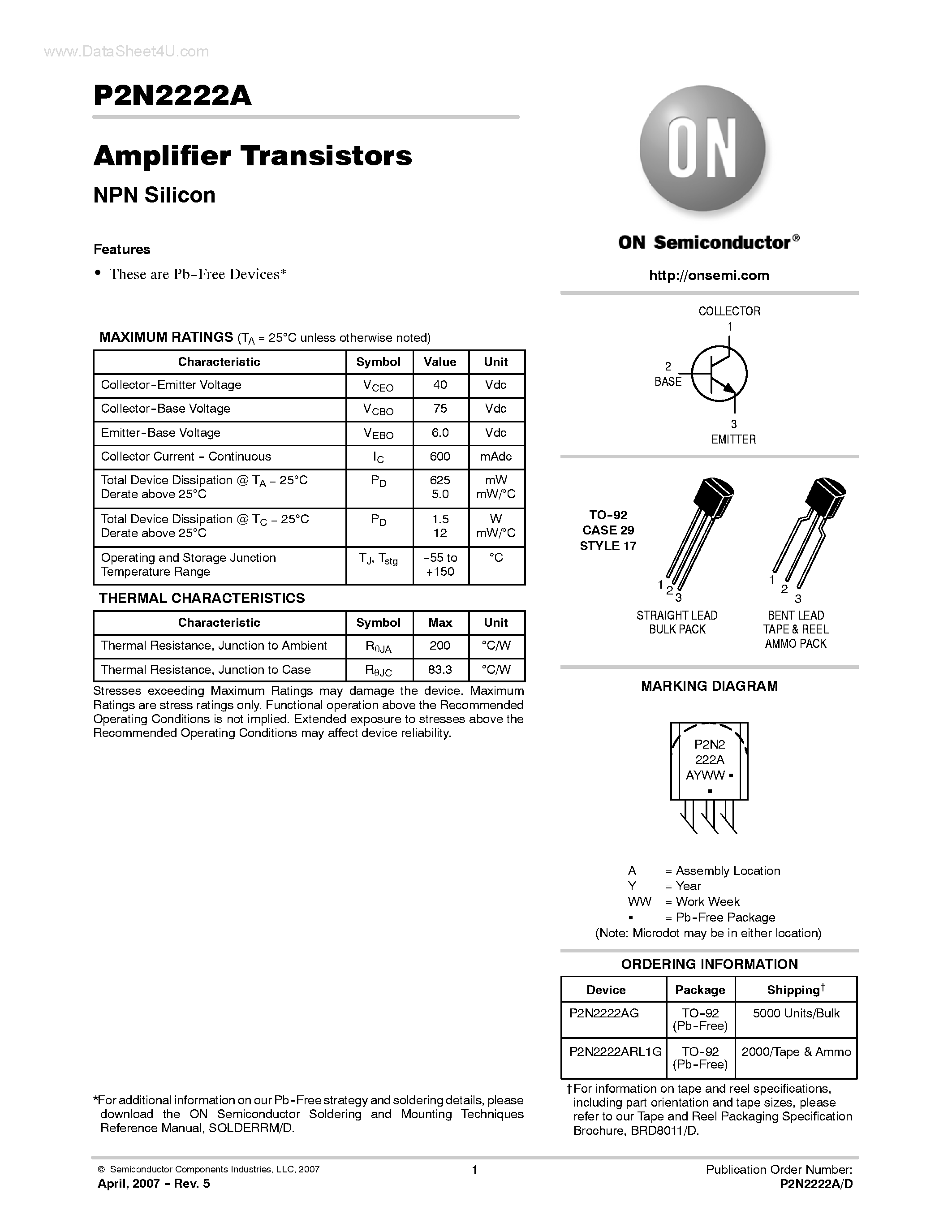 Даташит на микросхему P2N2222A страница 1 Даташит P2N2222A - Amplifier Transistors(NPN Silicon) страница 1