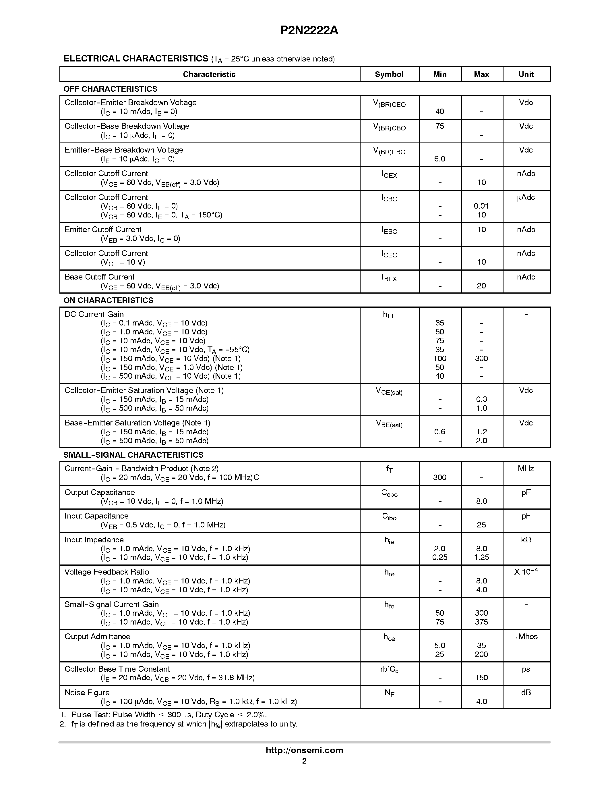 Даташит на микросхему P2N2222A страница 2 Даташит P2N2222A - Amplifier Transistors(NPN Silicon) страница 2