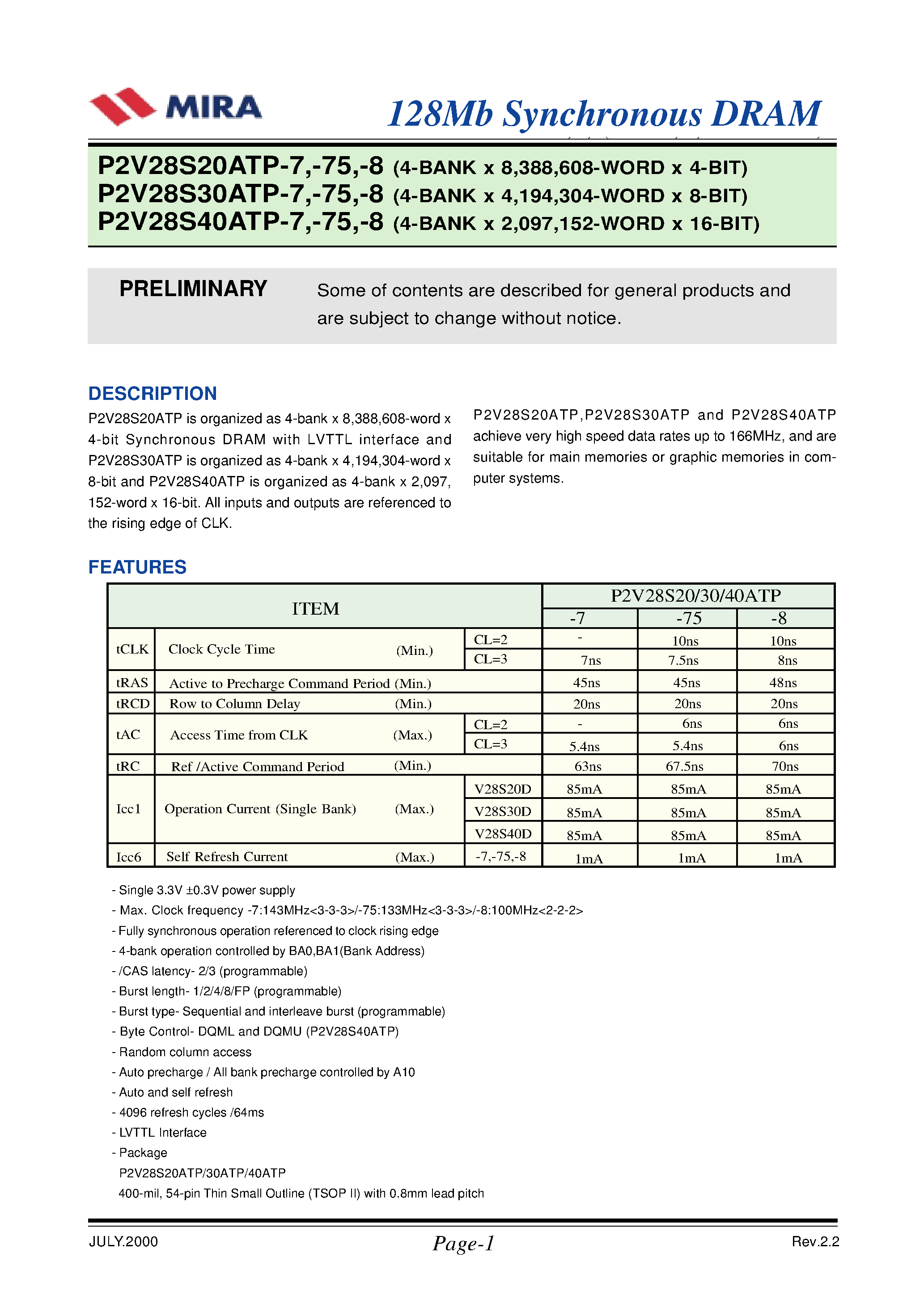Datasheet P2V28S30ATP-7 - 128Mb SDRAM Specification page 2