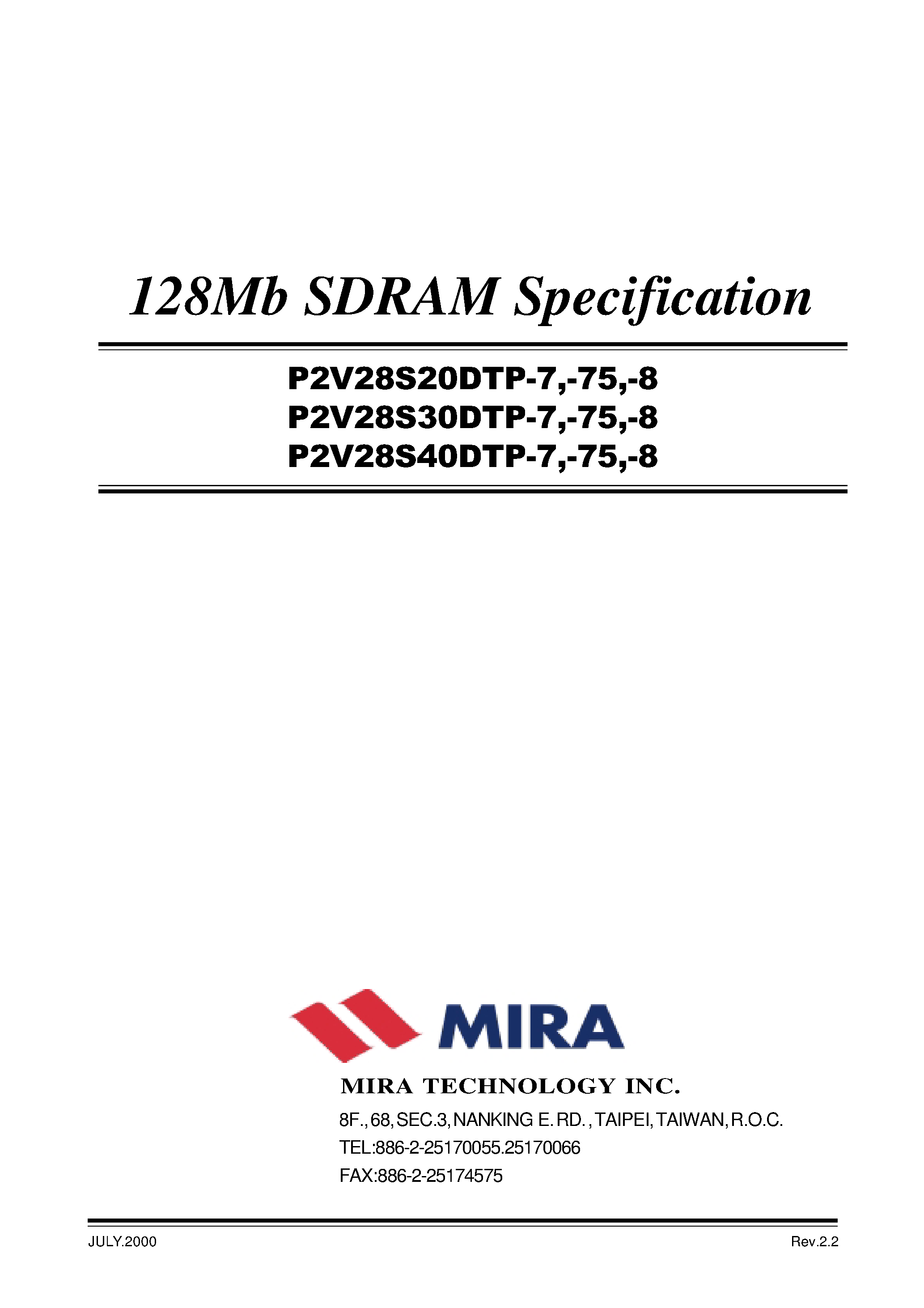 Datasheet P2V28S40ATP-8 - 128Mb SDRAM Specification page 1