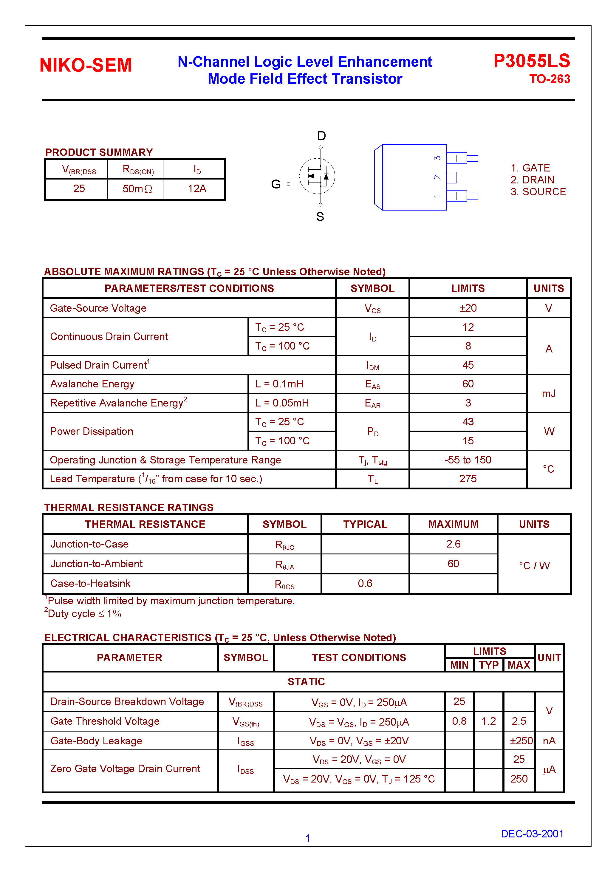 Datasheet P3055LS - N-Channel Logic Level Enhancement Mode Field Effect Transistor page 1