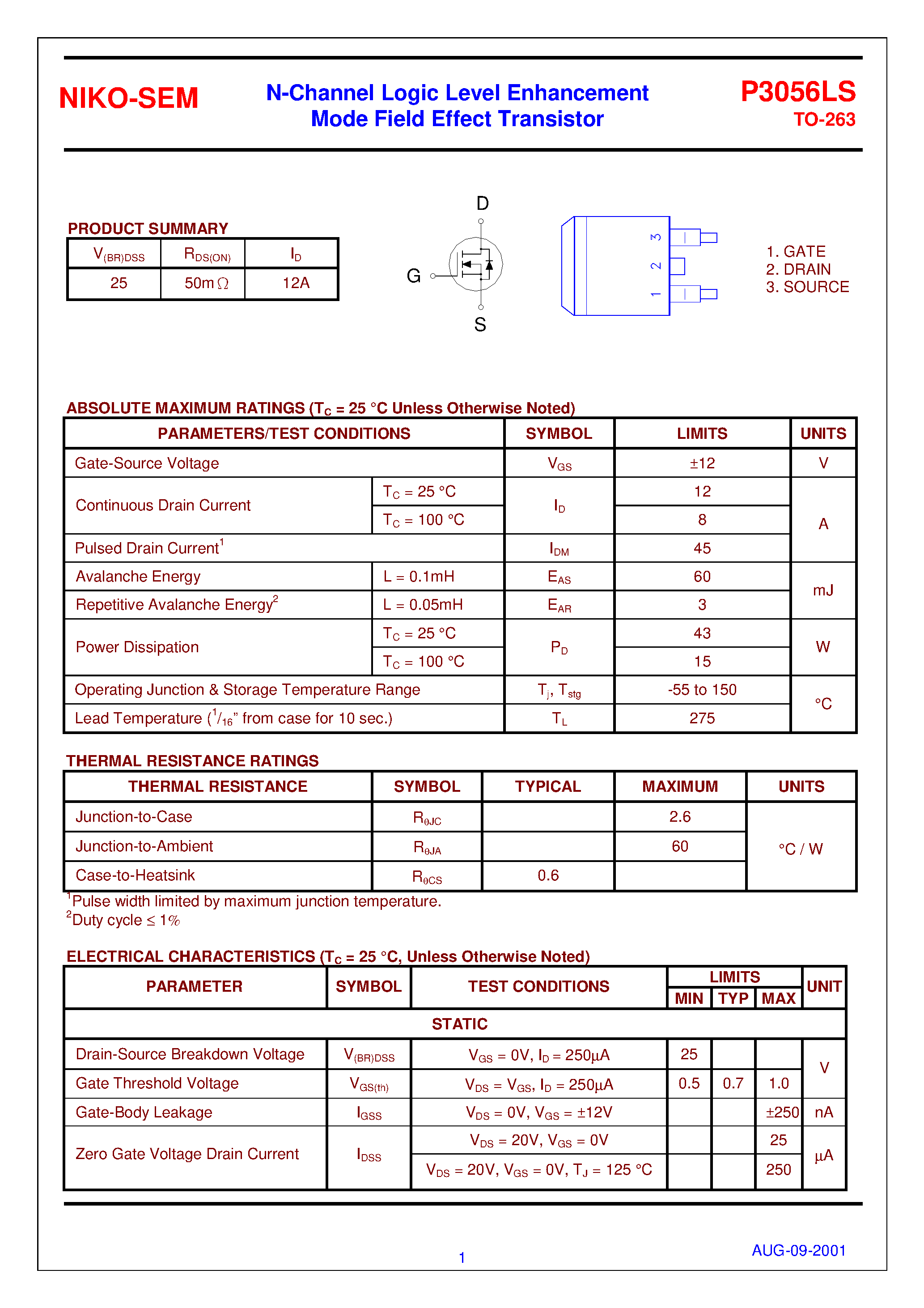 Datasheet P3056LS - N-Channel Logic Level Enhancement Mode Field Effect Transistor page 1