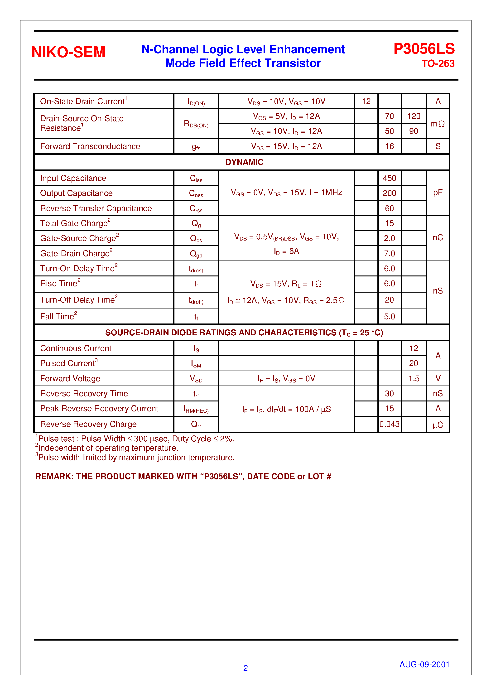 Datasheet P3056LS - N-Channel Logic Level Enhancement Mode Field Effect Transistor page 2