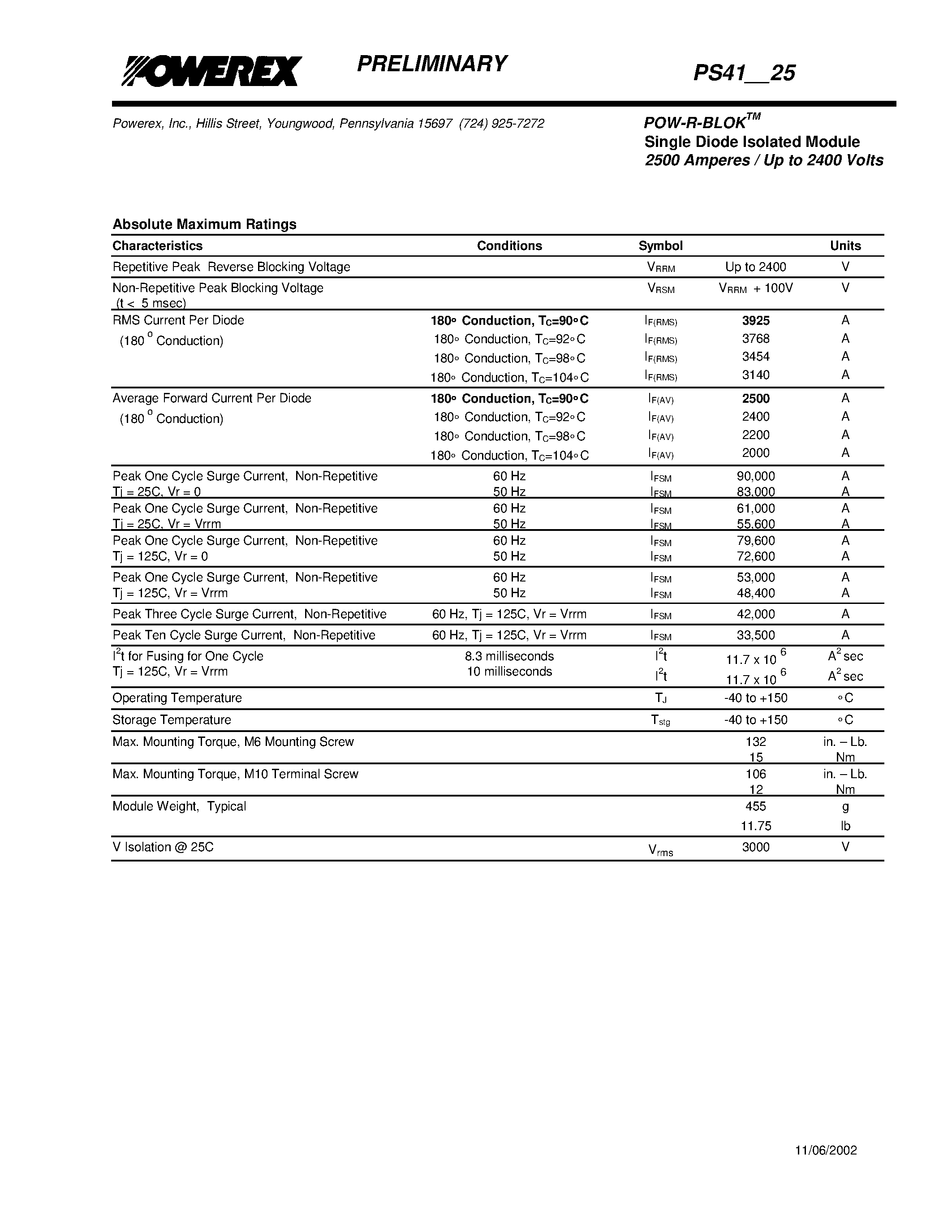 Datasheet P412225 - POW-R-BLOK Single Diode Isolated Module (2500 Amperes / Up to 2400 Volts) page 2