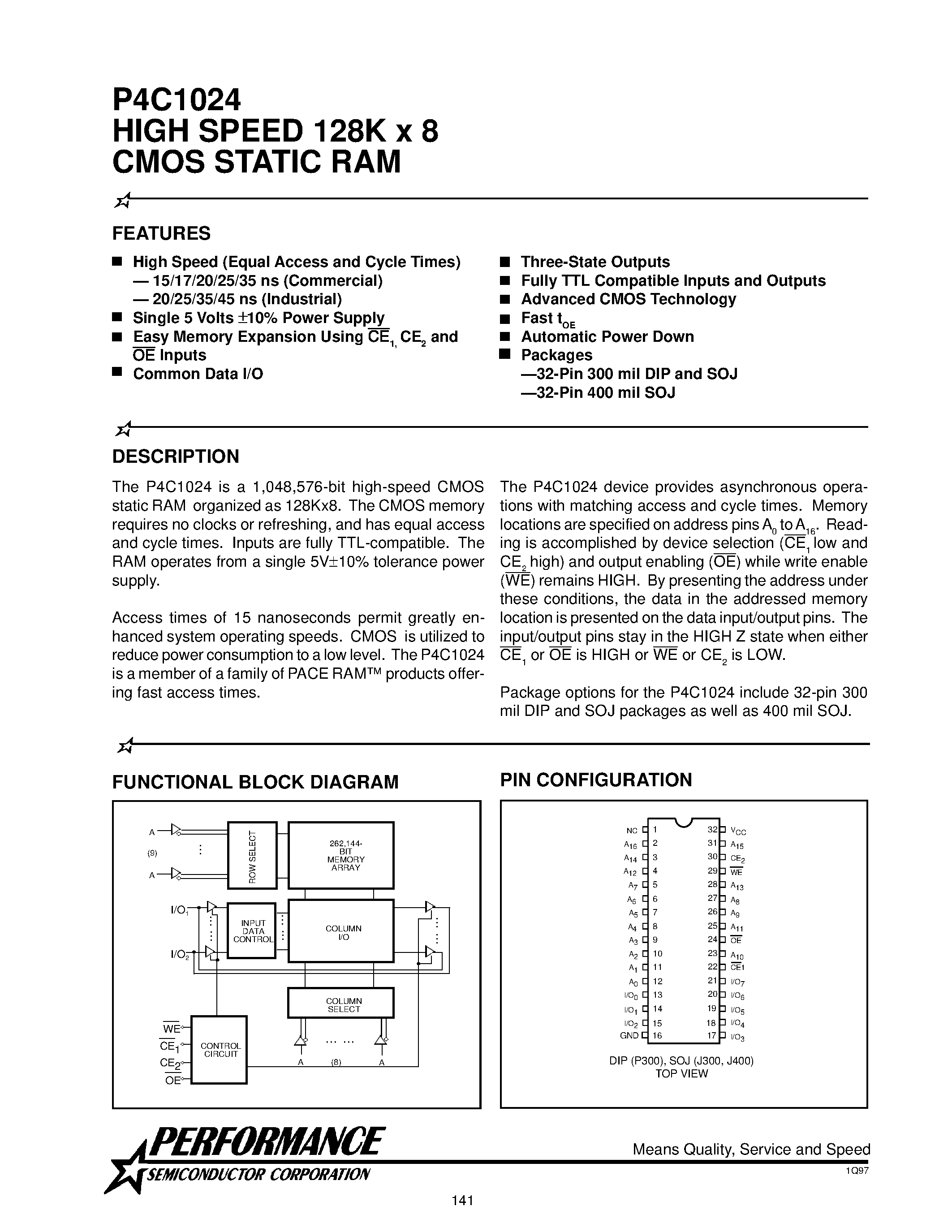 Datasheet P4C1024-15J4C - HIGH SPEED 128K X 8 CMOS STATIC RAM page 1