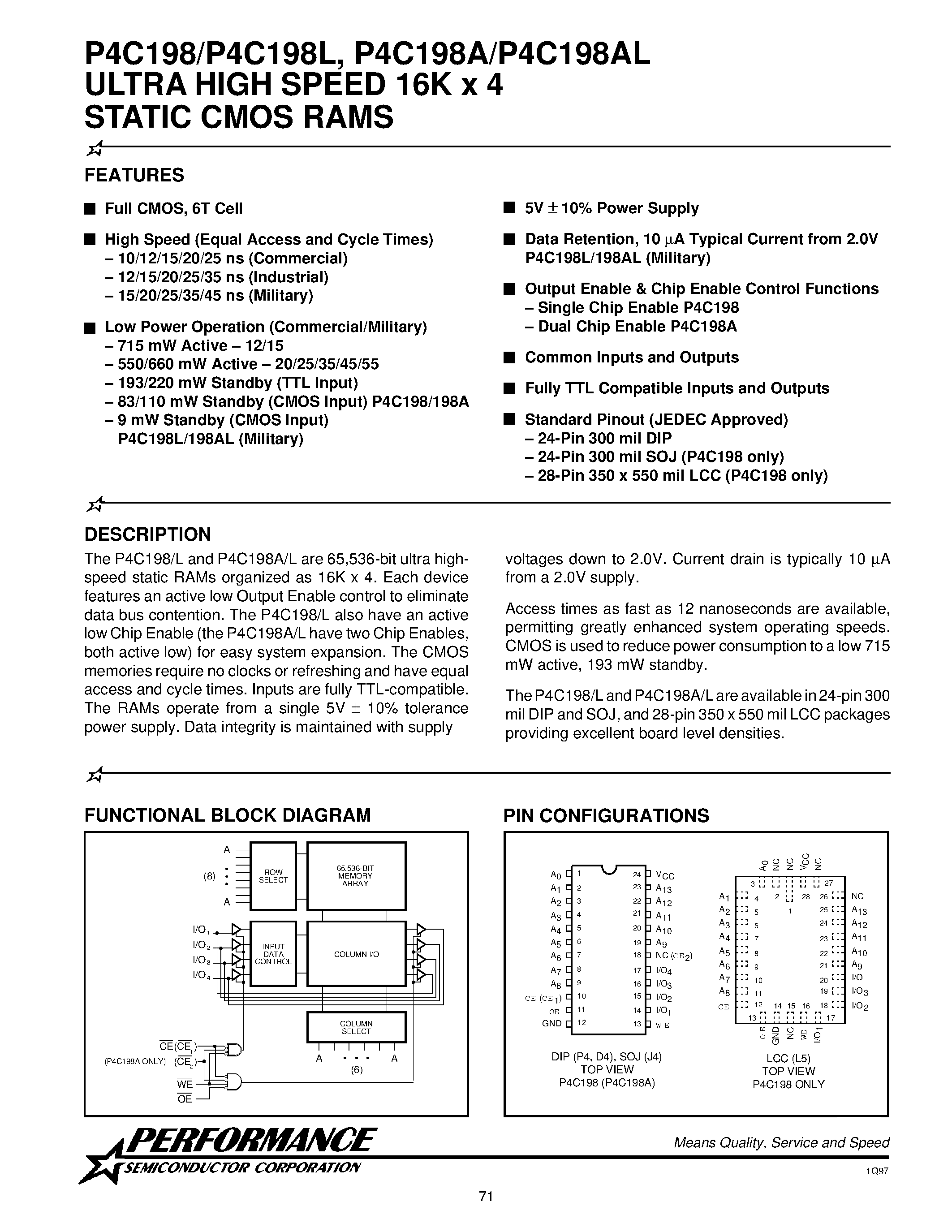 Datasheet P4C198 page 1 Datasheet P4C198 - ULTRA HIGH SPEED 16K x 4 page 1