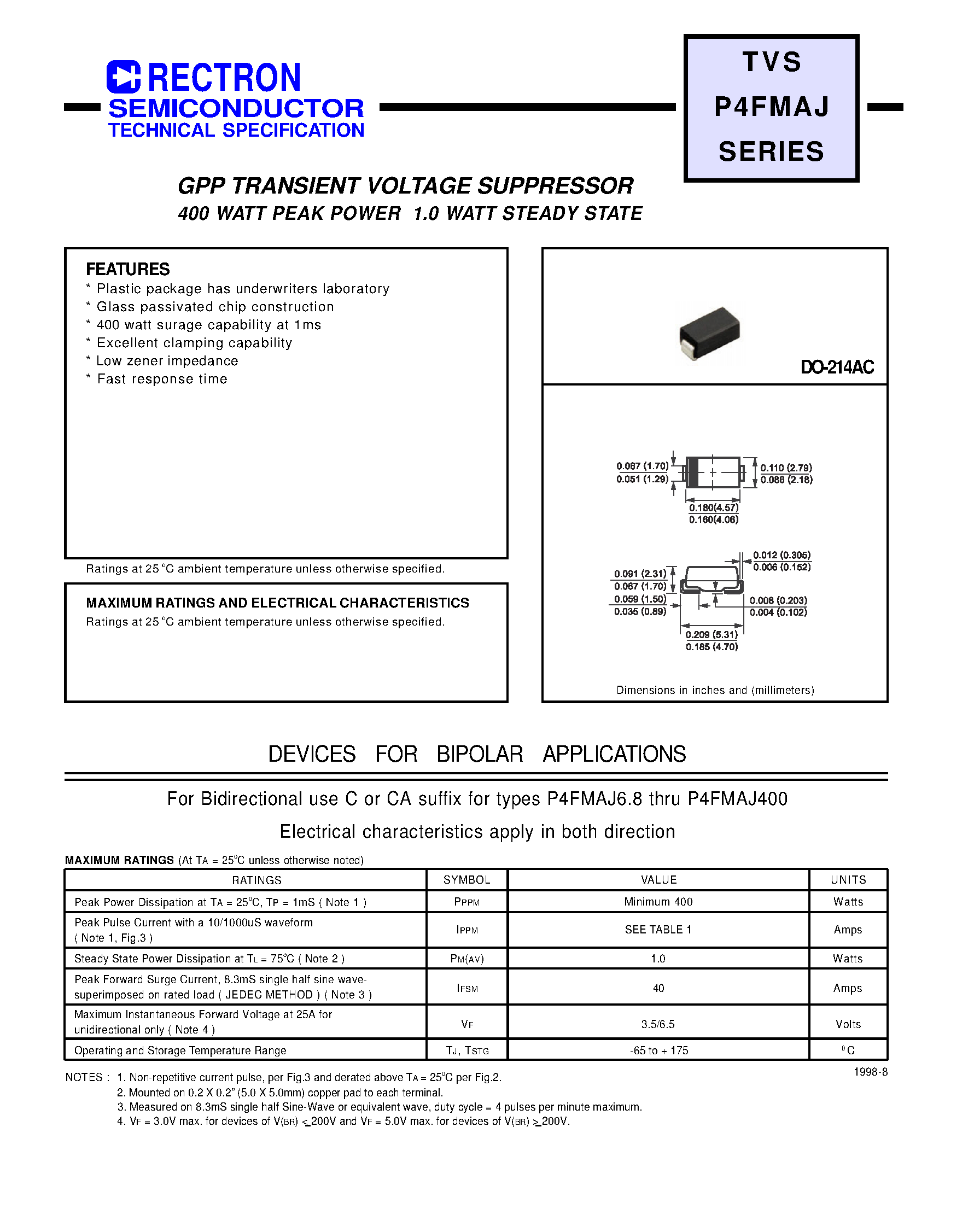 Даташит P4FMAJ75A - GPP TRANSIENT VOLTAGE SUPPRESSOR (400 WATT PEAK POWER 1.0 WATT STEADY STATE) страница 1