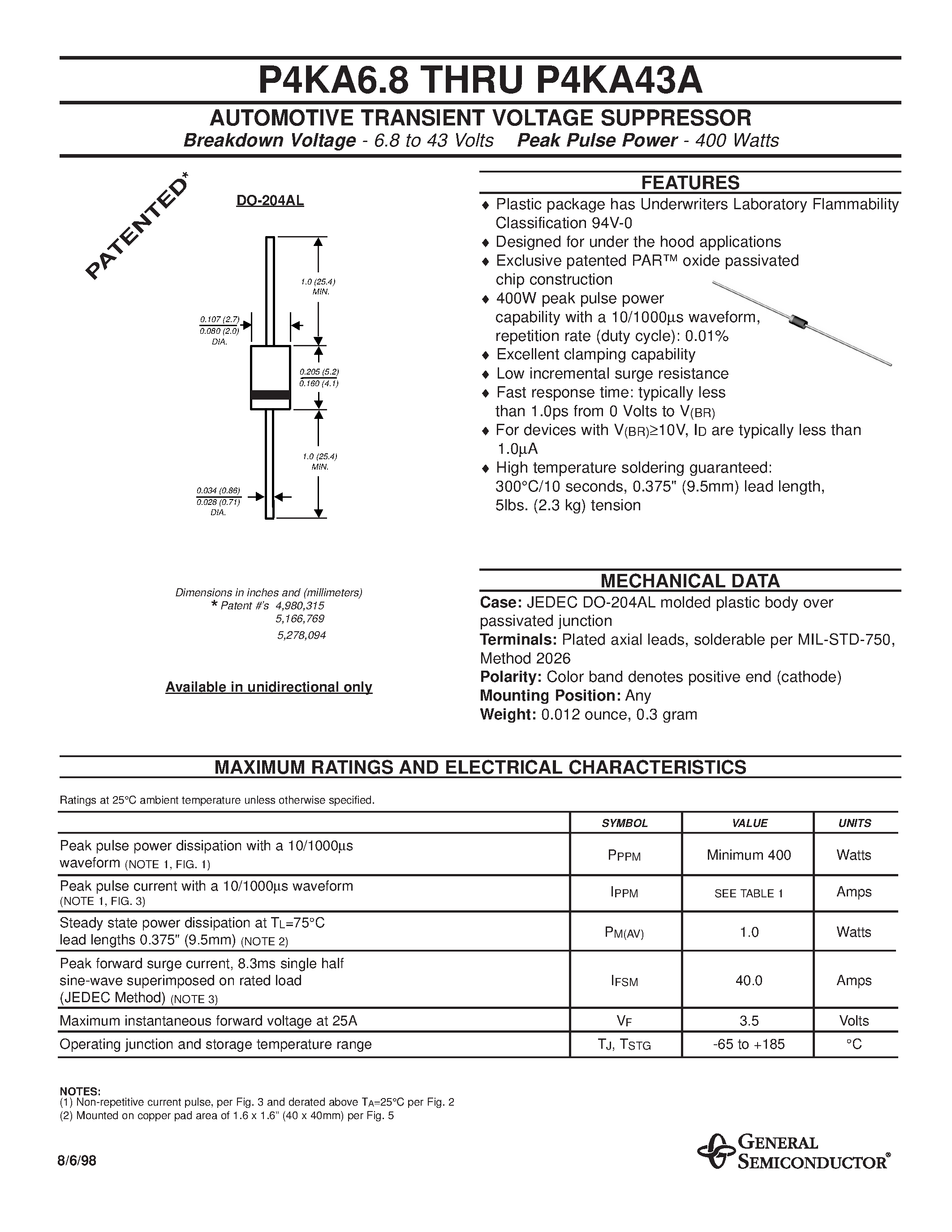 Datasheet P4KA7.5 - AUTOMOTIVE TRANSIENT VOLTAGE SUPPRESSOR page 1