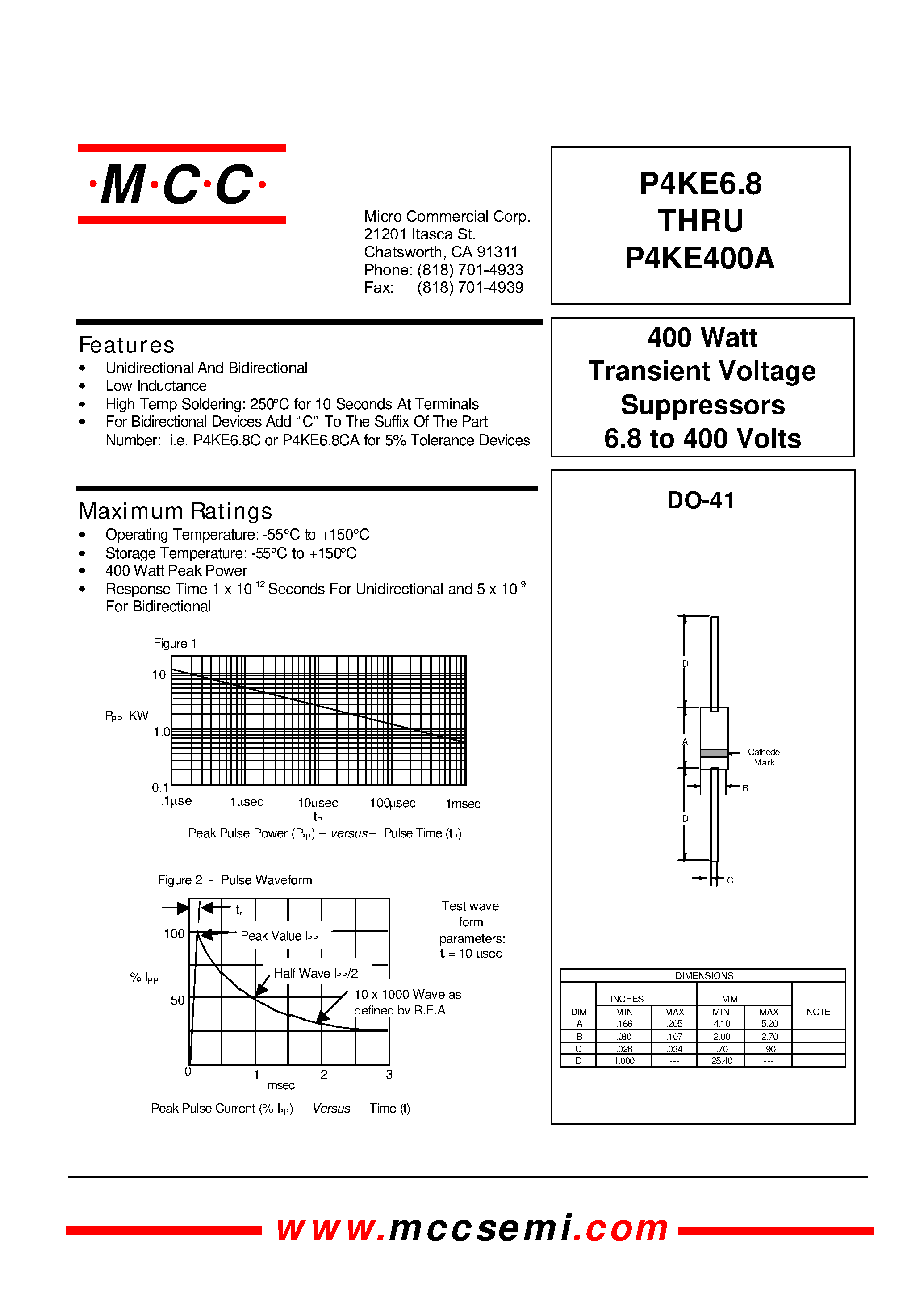 Datasheet P4KE100 page 1 Datasheet P4KE100 - 400 Watt Transient Voltage Suppressors 6.8 to 400 Volts page 1