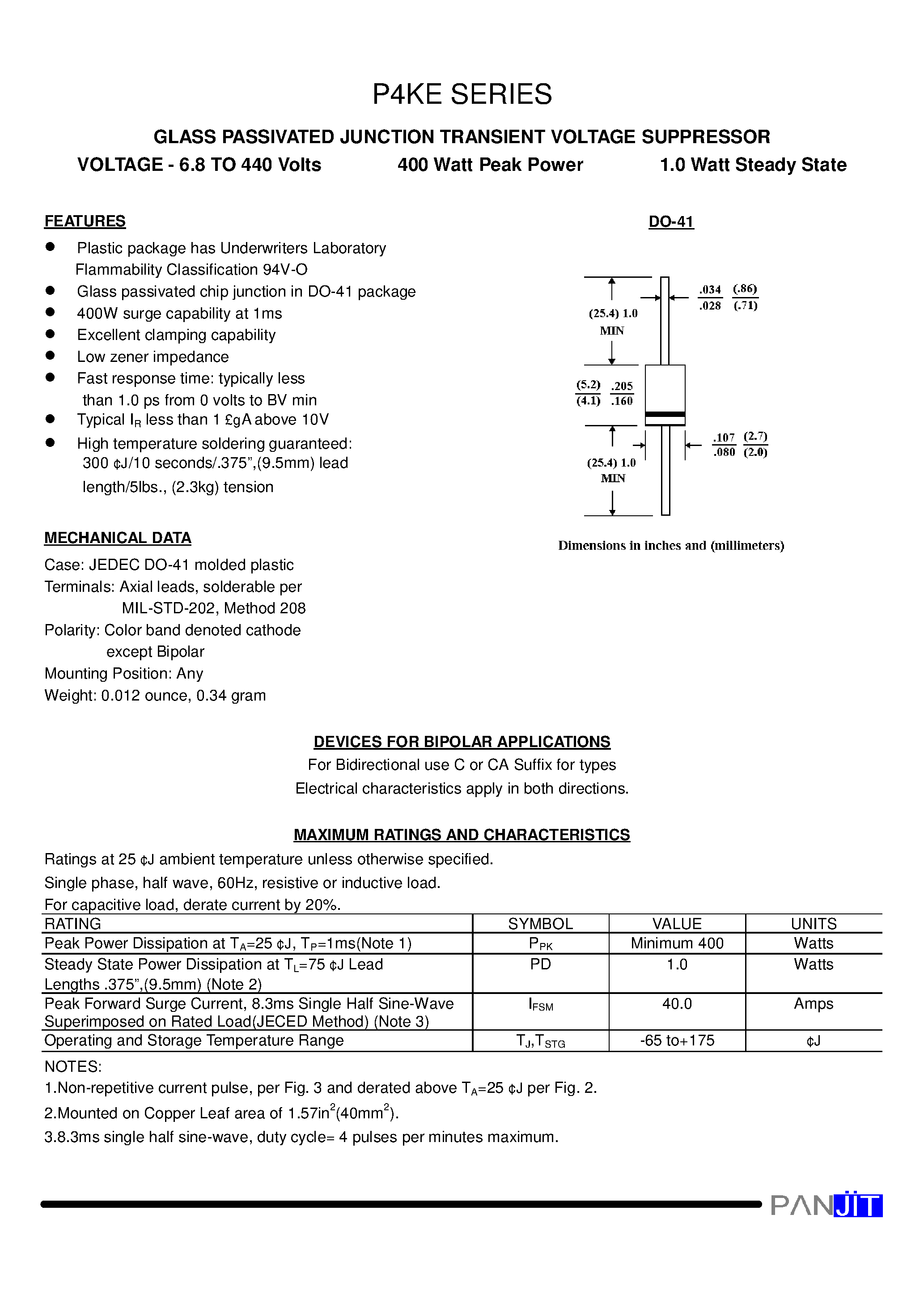 Datasheet P4KE15 - GLASS PASSIVATED JUNCTION TRANSIENT VOLTAGE SUPPRESSOR(VOLTAGE - 6.8 TO 440 Volts 400 Watt Peak Power 1.0 Watt Steady State) page 1