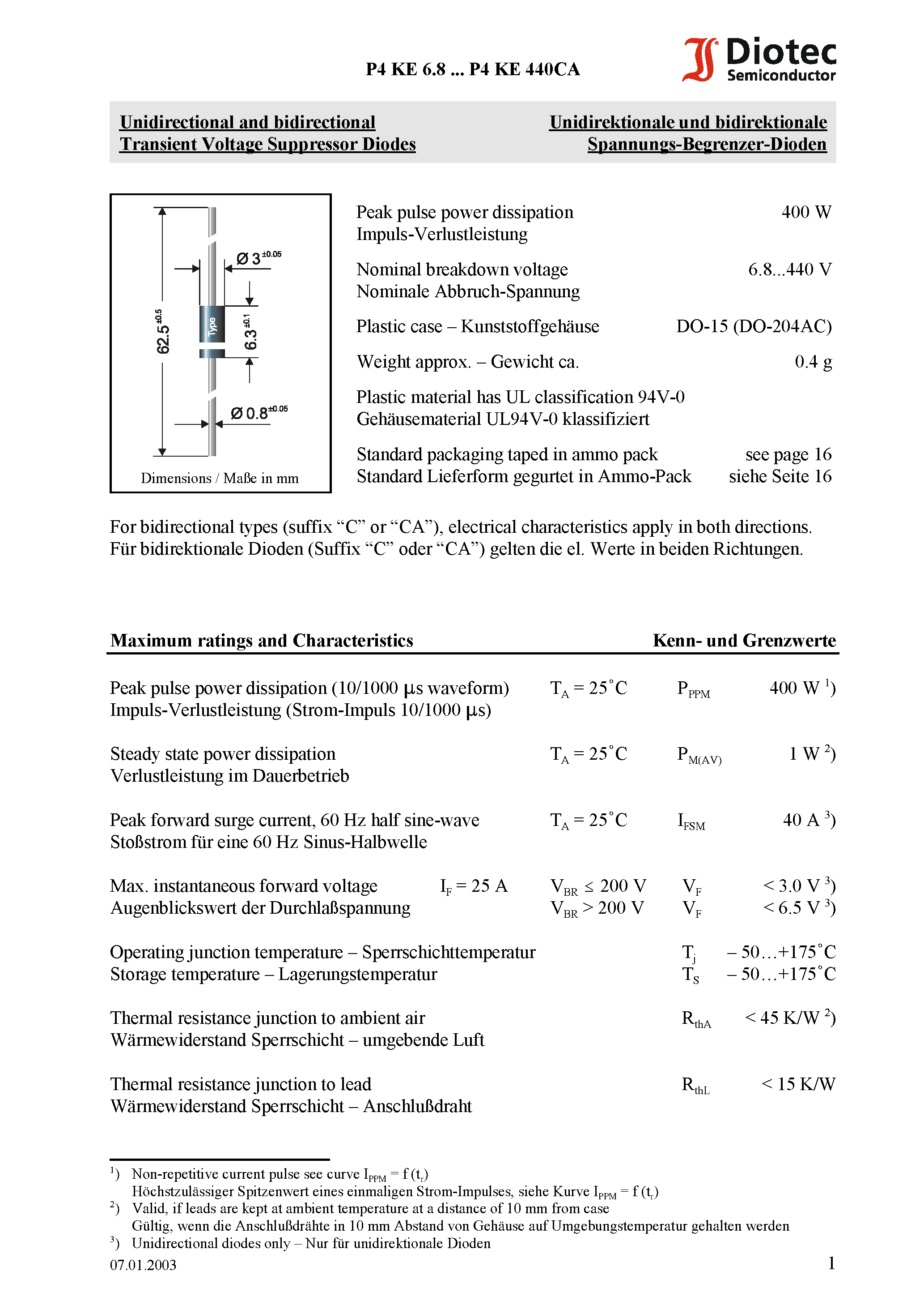 Даташит на микросхему P4KE20 страница 1 Даташит P4KE20 - Unidirectional and bidirectional Transient Voltage Suppressor Diodes страница 1