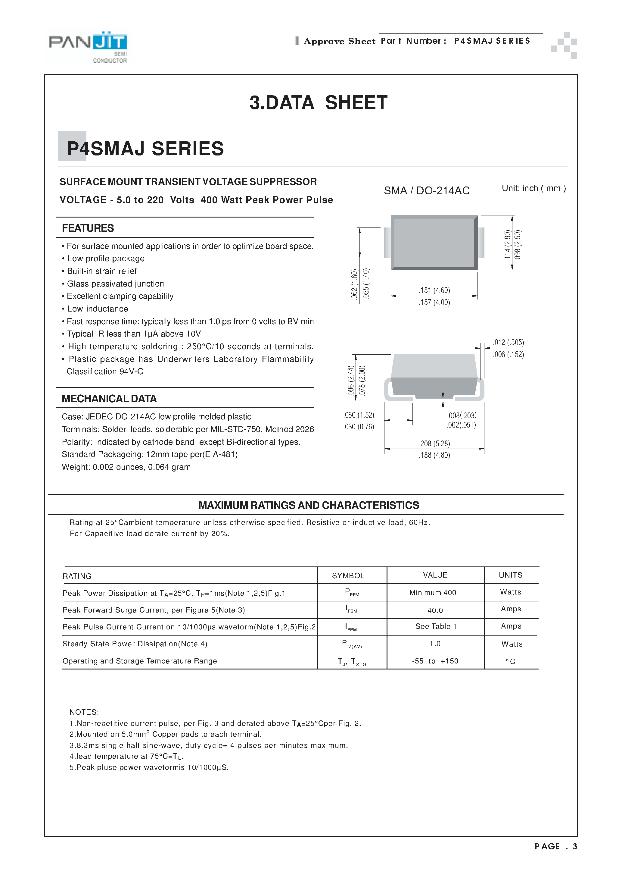 Datasheet P4SMAJ6.5 - SURFACE MOUNT TRANSIENT VOLTAGE SUPPRESSOR(VOLTAGE - 5.0 to 220 Volts 400 Watt Peak Power Pulse) page 1