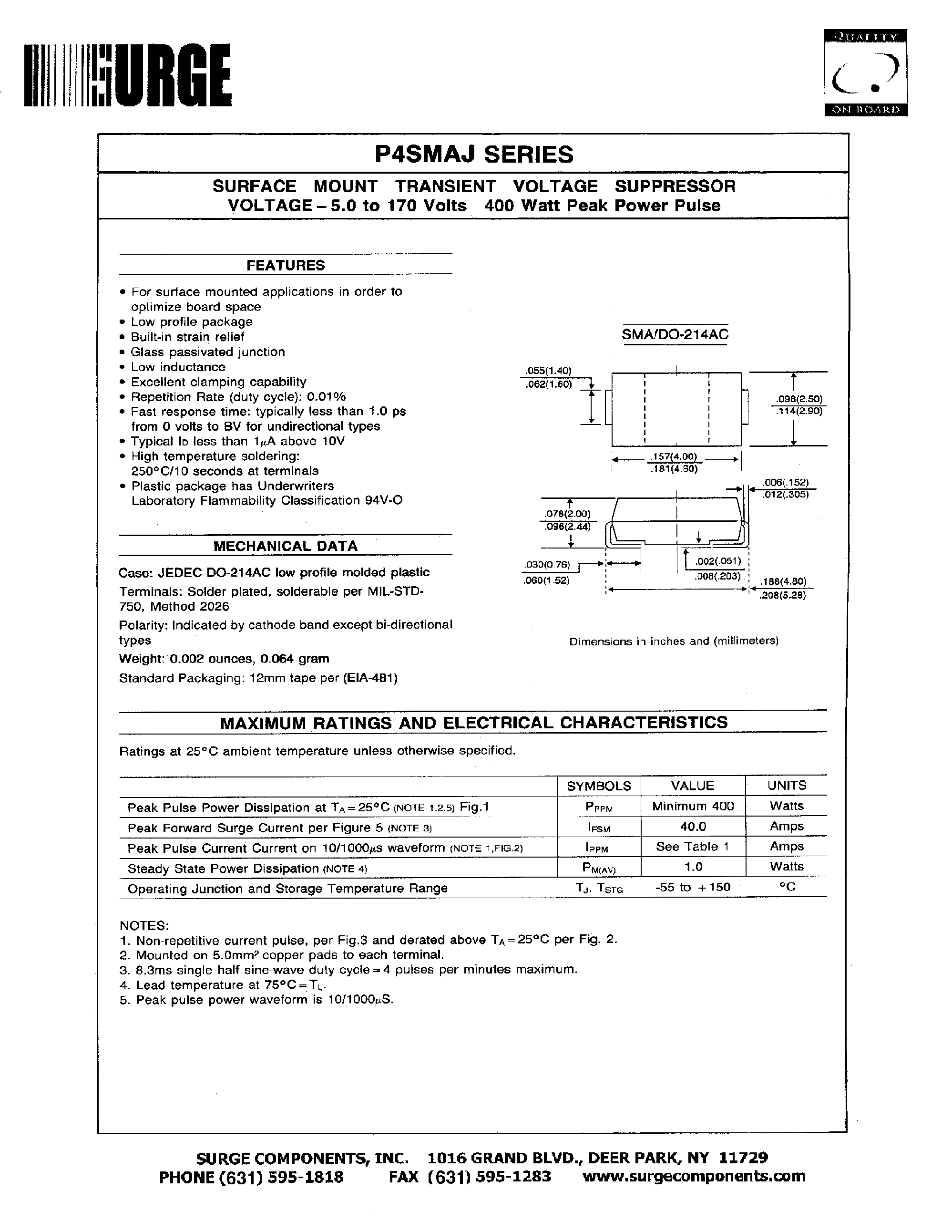 Datasheet P4SMAJ6.5 - SURFACE MOUNT TRANSIENT VOLTAGE SUPPRESSOR VOLTAGE-5.0-170Volts page 1
