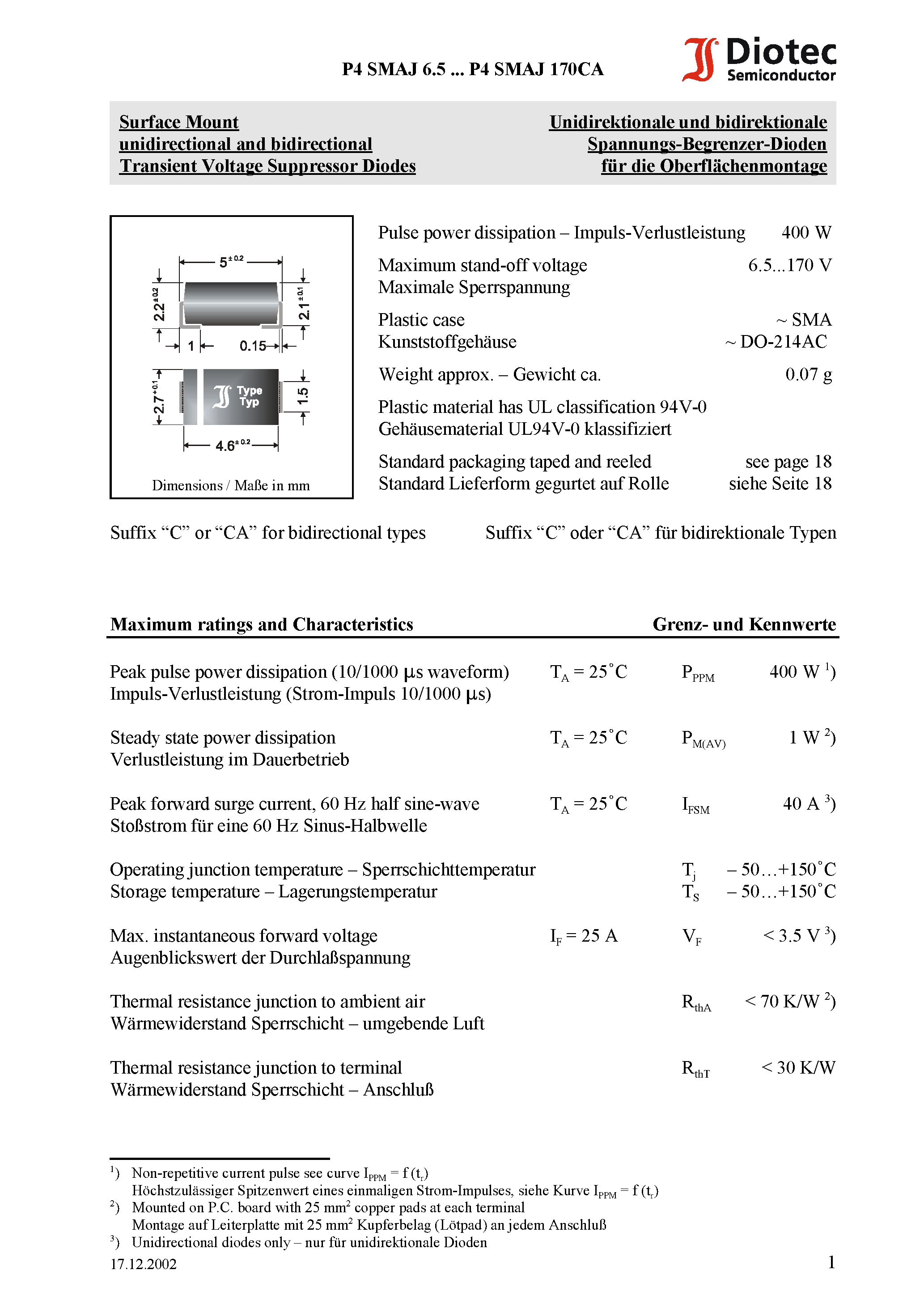 Datasheet P4SMAJ8.0 - Surface Mount unidirectional and bidirectional Transient Voltage Suppressor Diodes page 1