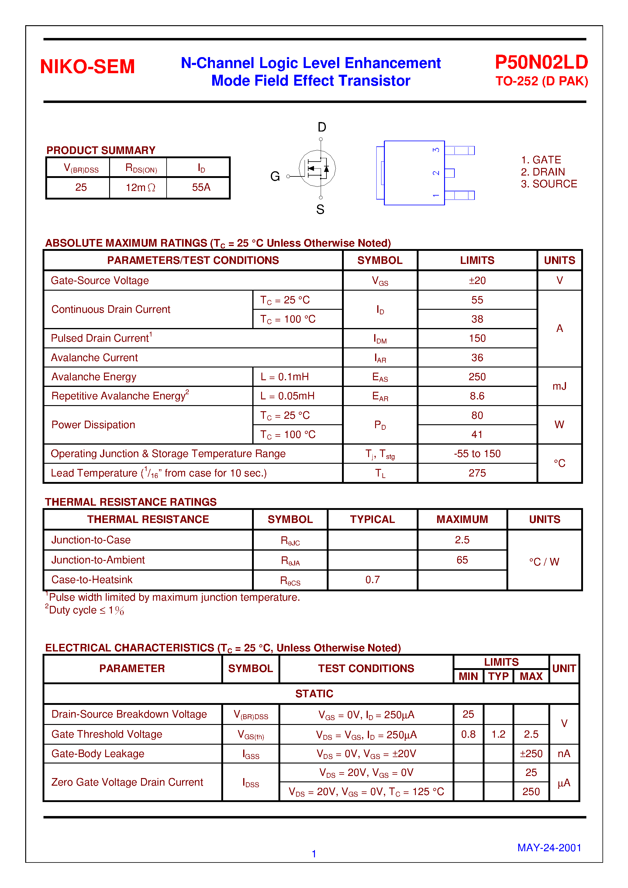 Datasheet P50N02LD - N-Channel Logic Level Enhancement Mode Field Effect Transistor page 1