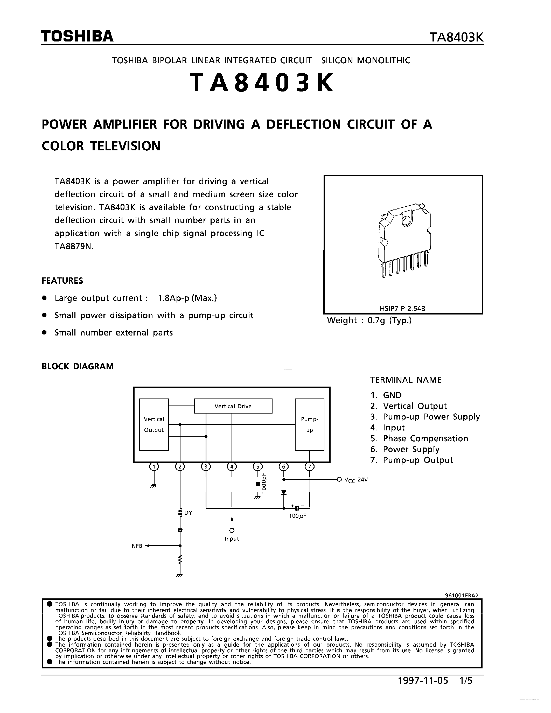 Datasheet TA8403K - POWER AMPLIFIER FOR DRIVING A DEFLECTION CIRCUIT OF A COLOR TELEVISION page 1
