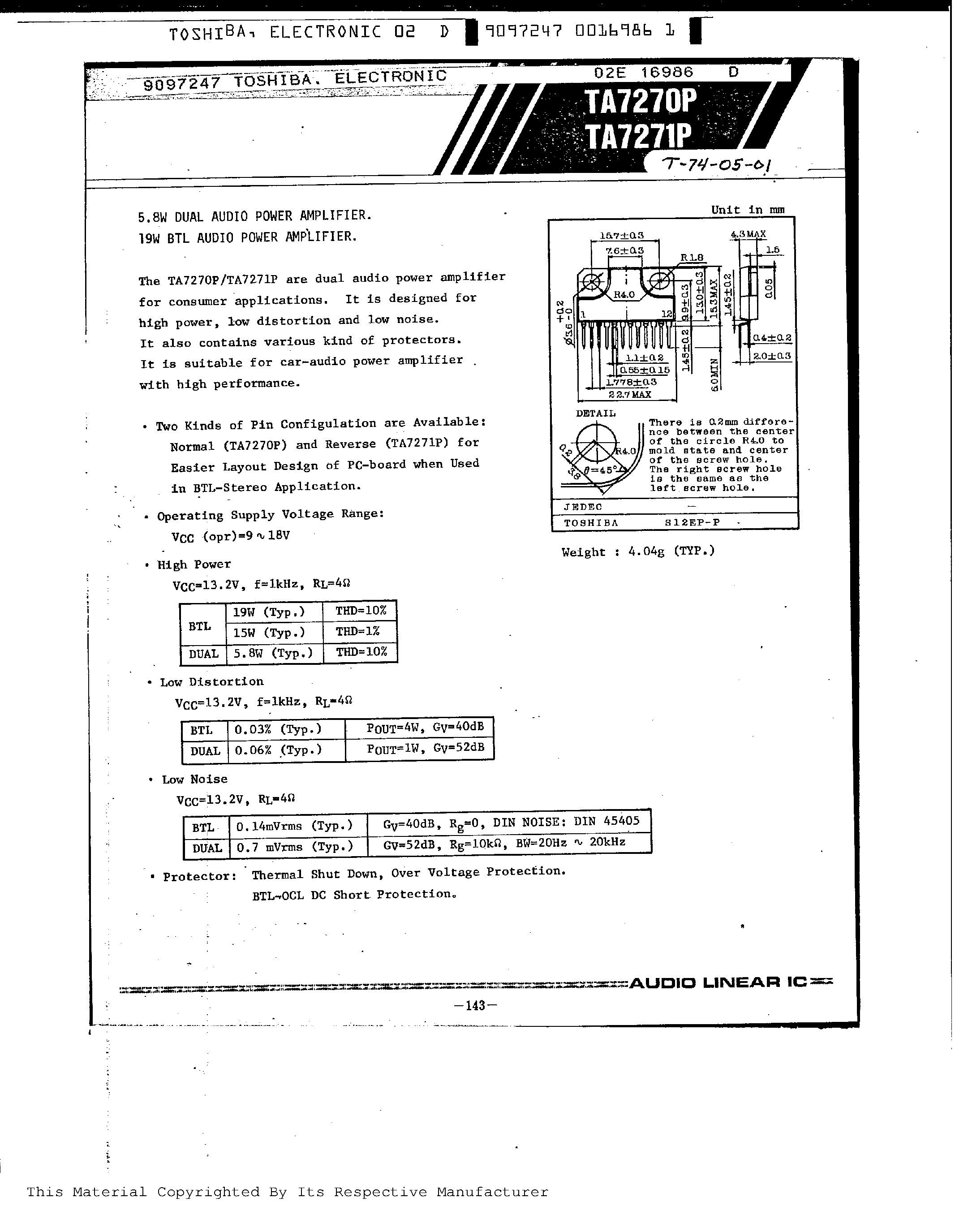 Datasheet TA7271P - 5.8W DUAL AUDIO POWER AMPLIFIER page 1