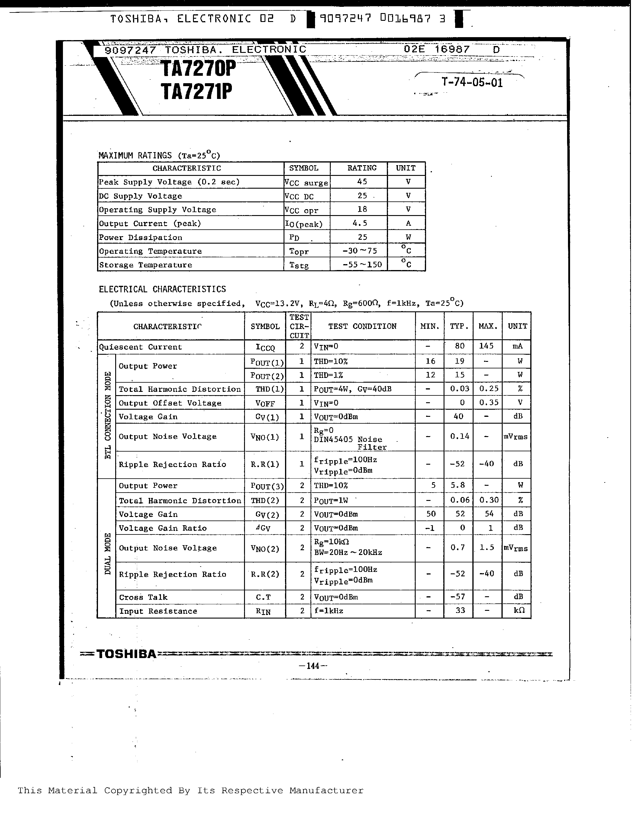 Datasheet TA7271P - 5.8W DUAL AUDIO POWER AMPLIFIER page 2
