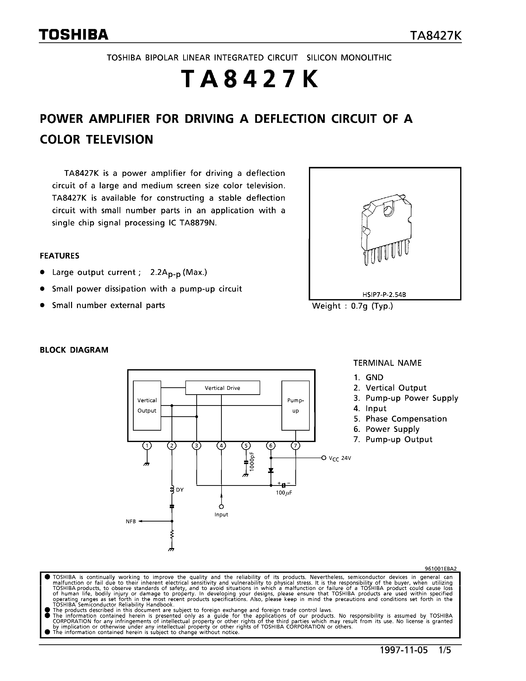 Datasheet TA8427K - POWER AMPLIFIER FOR DRIVING A DEFLECTION DIRCUIT OF A COLOR TELEVISION page 1
