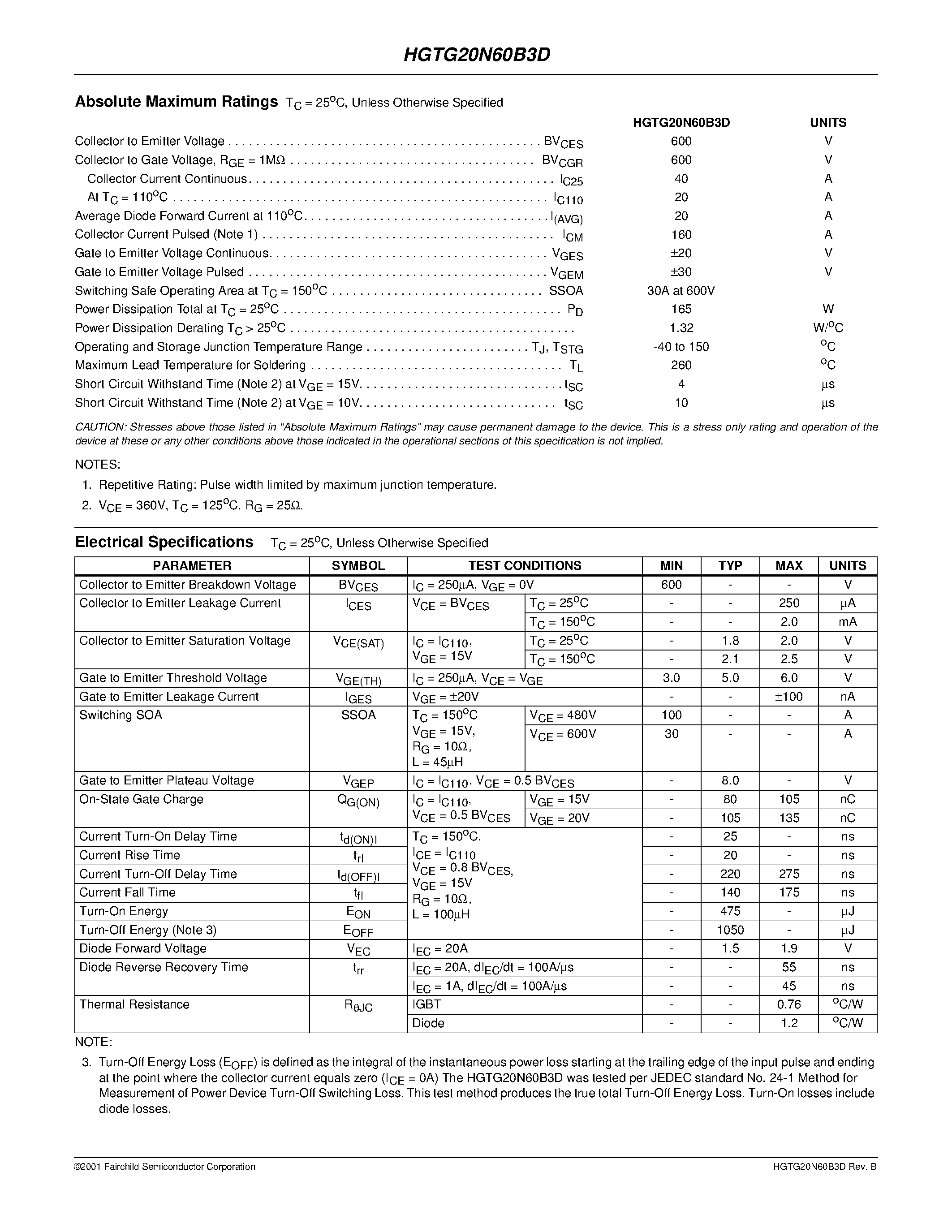 Datasheet G20N60B3D page 2 Datasheet G20N60B3D - 40A / 600V / UFS Series N-Channel IGBT with Anti-Parallel Hyperfast Diode page 2