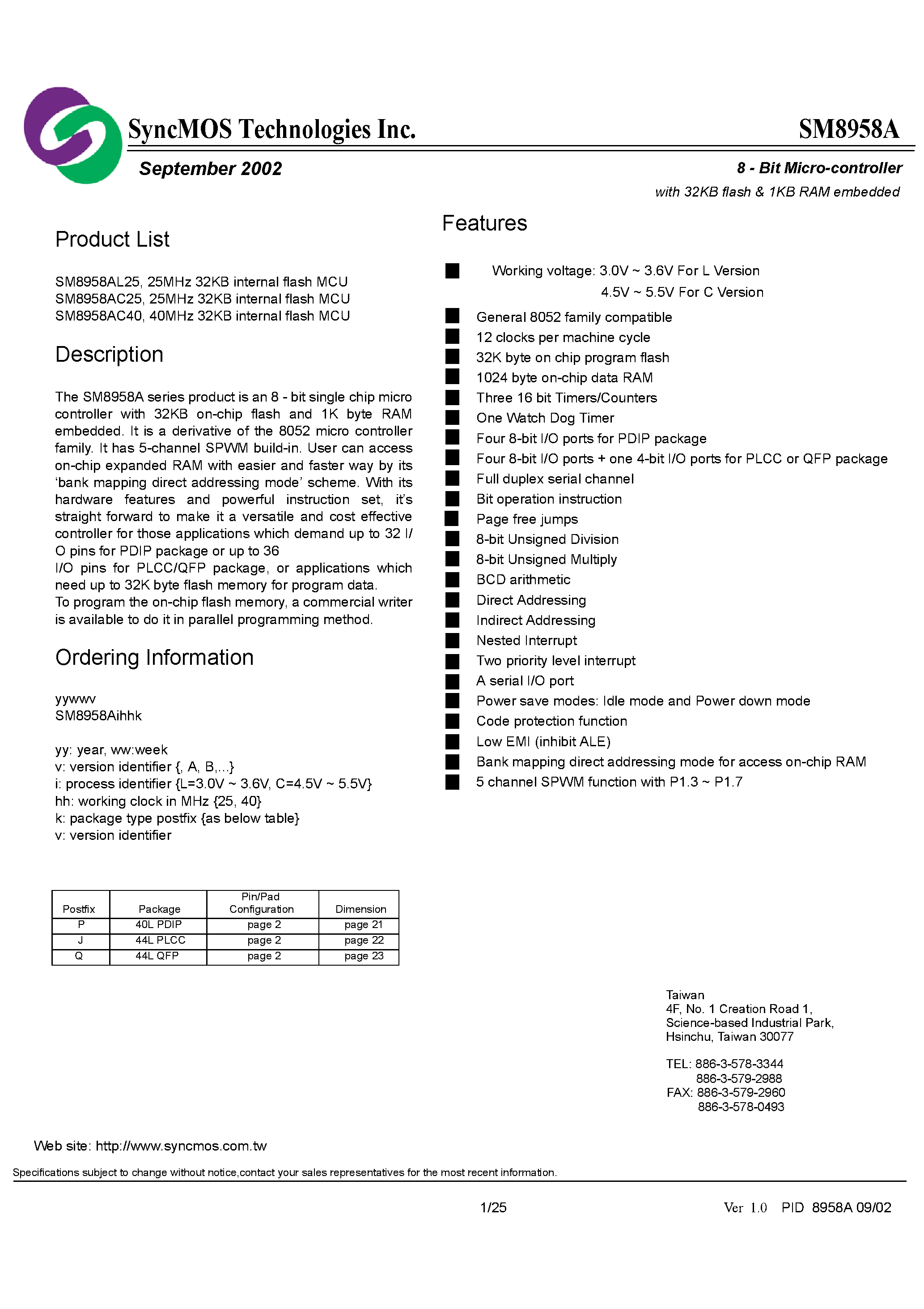 Datasheet SM8958A page 1 Datasheet SM8958A - 8-Bit Micro-controller with 32KB flash & 1KB RAM embedded page 1