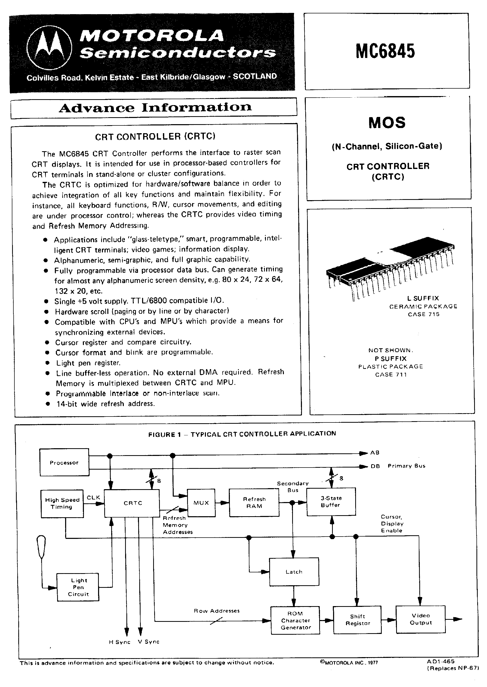 Datasheet MC6845 - MOS(N-Channel / Silicon-Gate) page 1