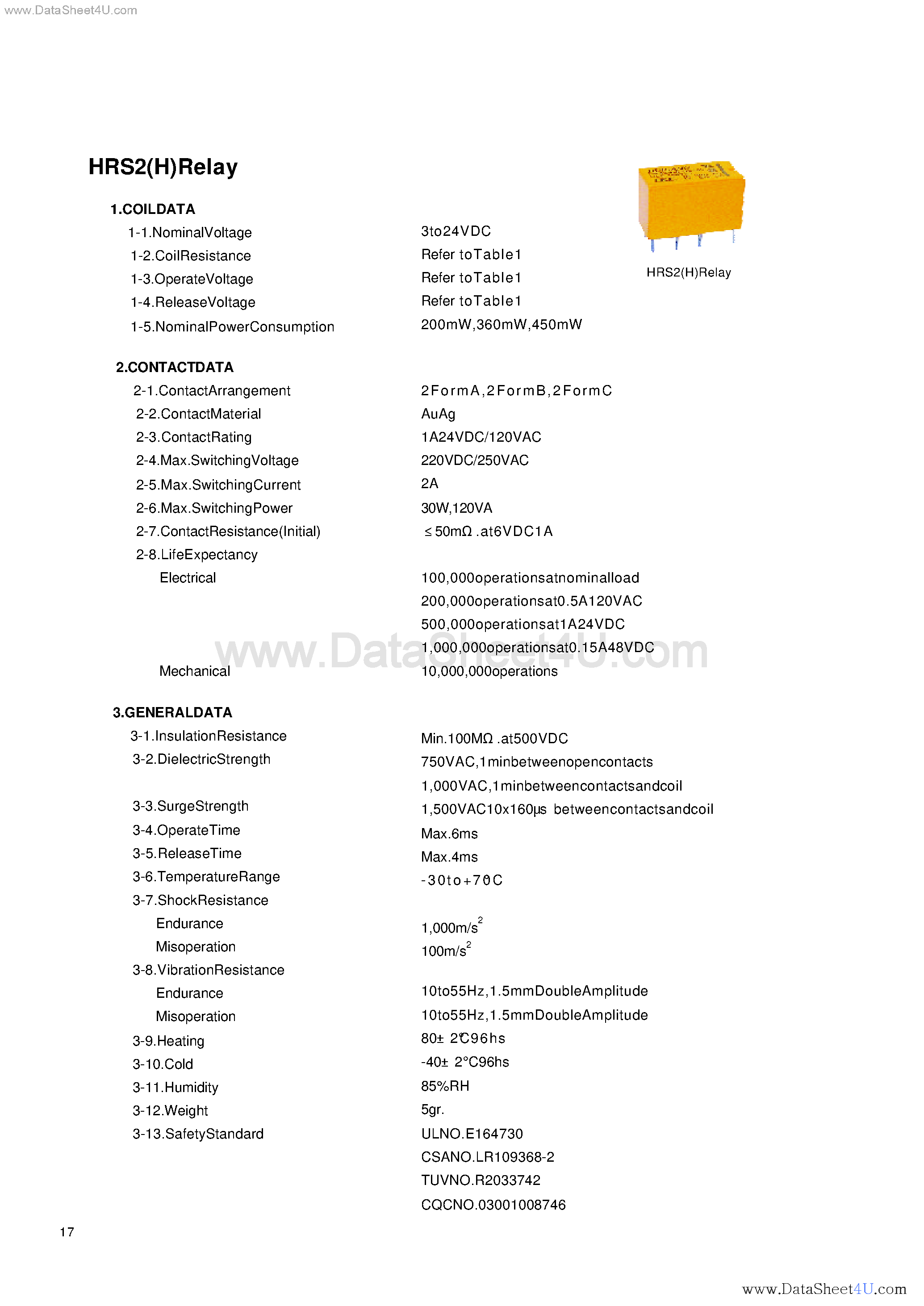 Datasheet HRS2H-S page 1 Datasheet HRS2H-S - RELAY DC 12V 2P2T 1A PCMT page 1