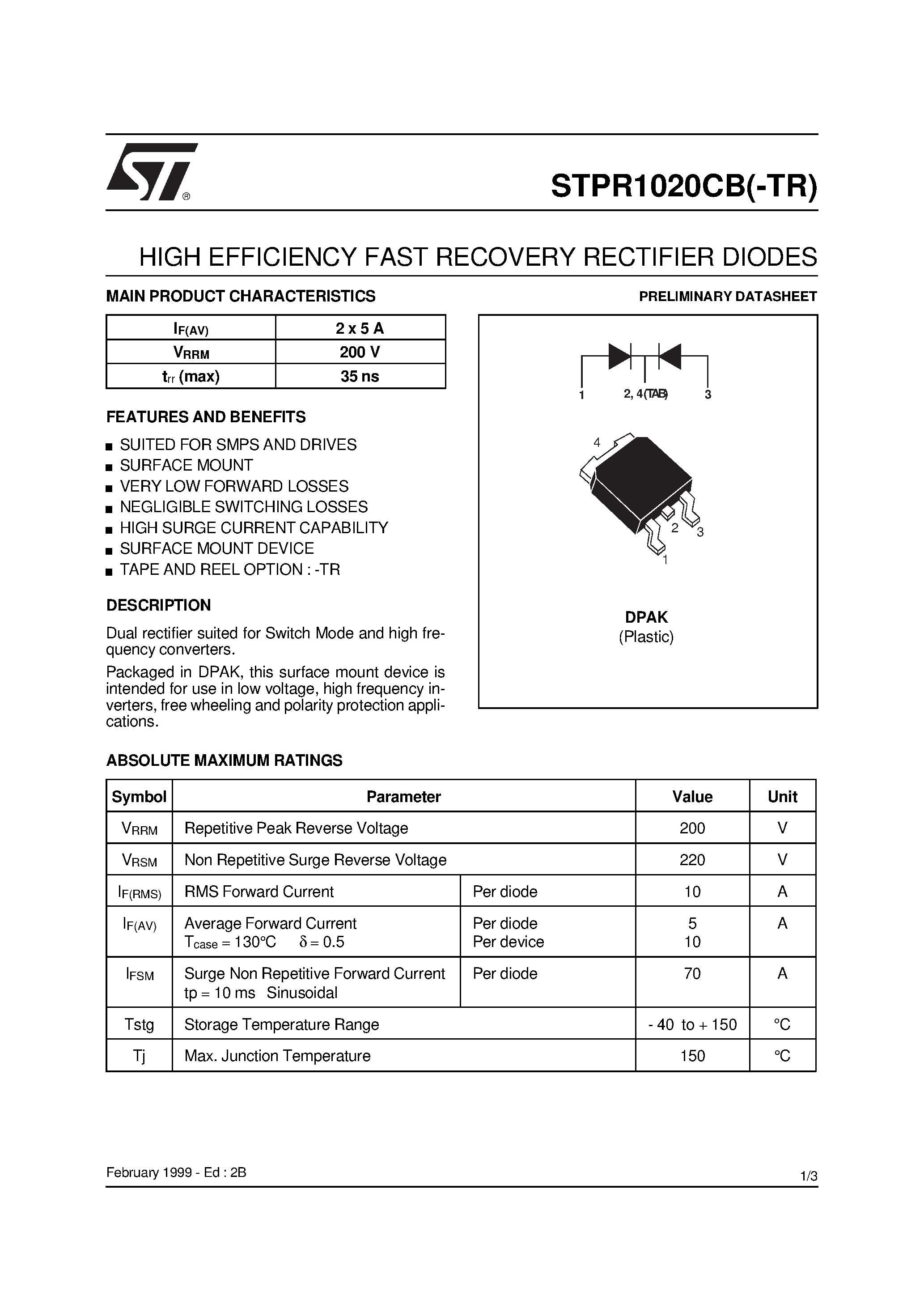 Datasheet STPR1020CB-TR page 1 Datasheet STPR1020CB-TR - HIGH EFFICIENCY FAST RECOVERY RECTIFIER DIODES page 1