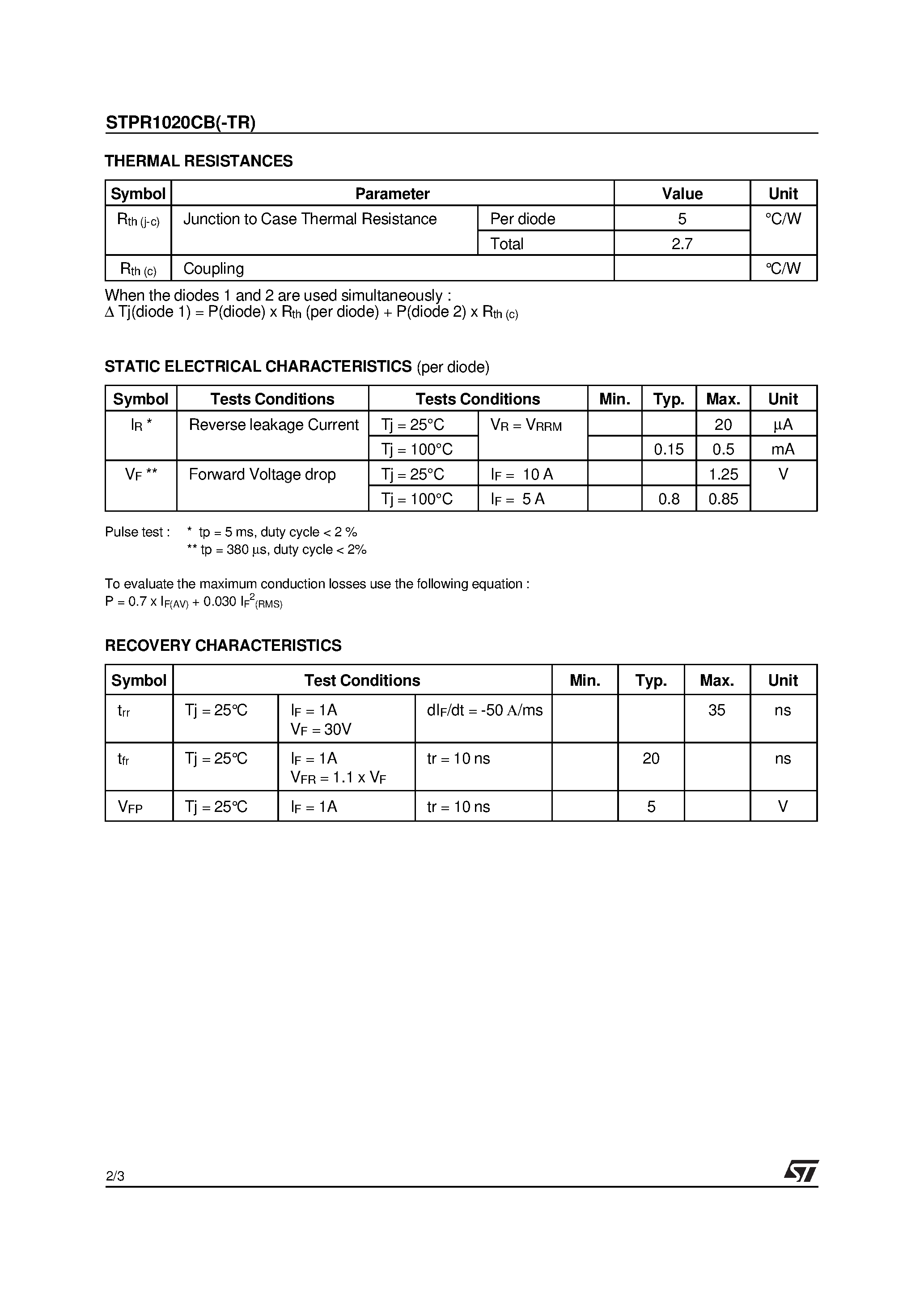 Datasheet STPR1020CB-TR page 2 Datasheet STPR1020CB-TR - HIGH EFFICIENCY FAST RECOVERY RECTIFIER DIODES page 2