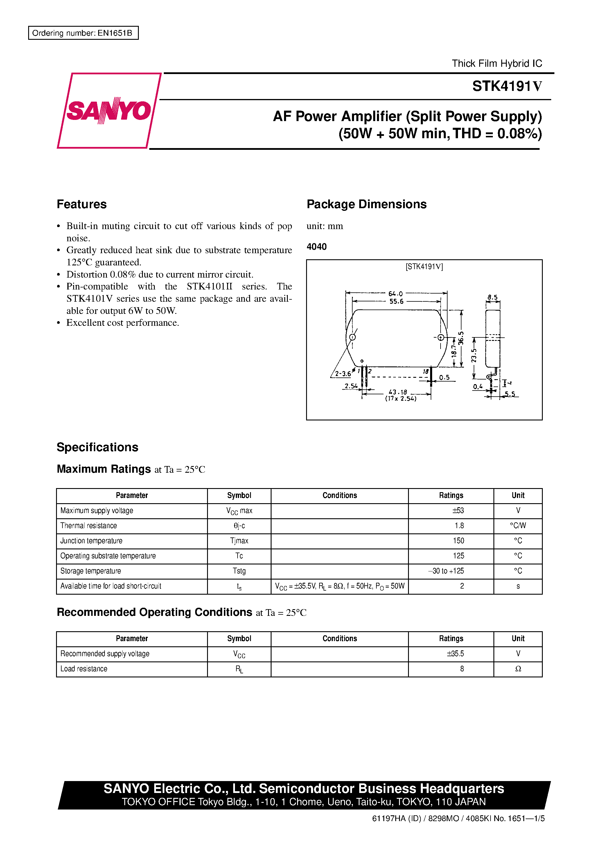 Даташит STK4191V - AF Power Amplifier (Split Power Supply) (50W + 50W min / THD = 0.08%) страница 1