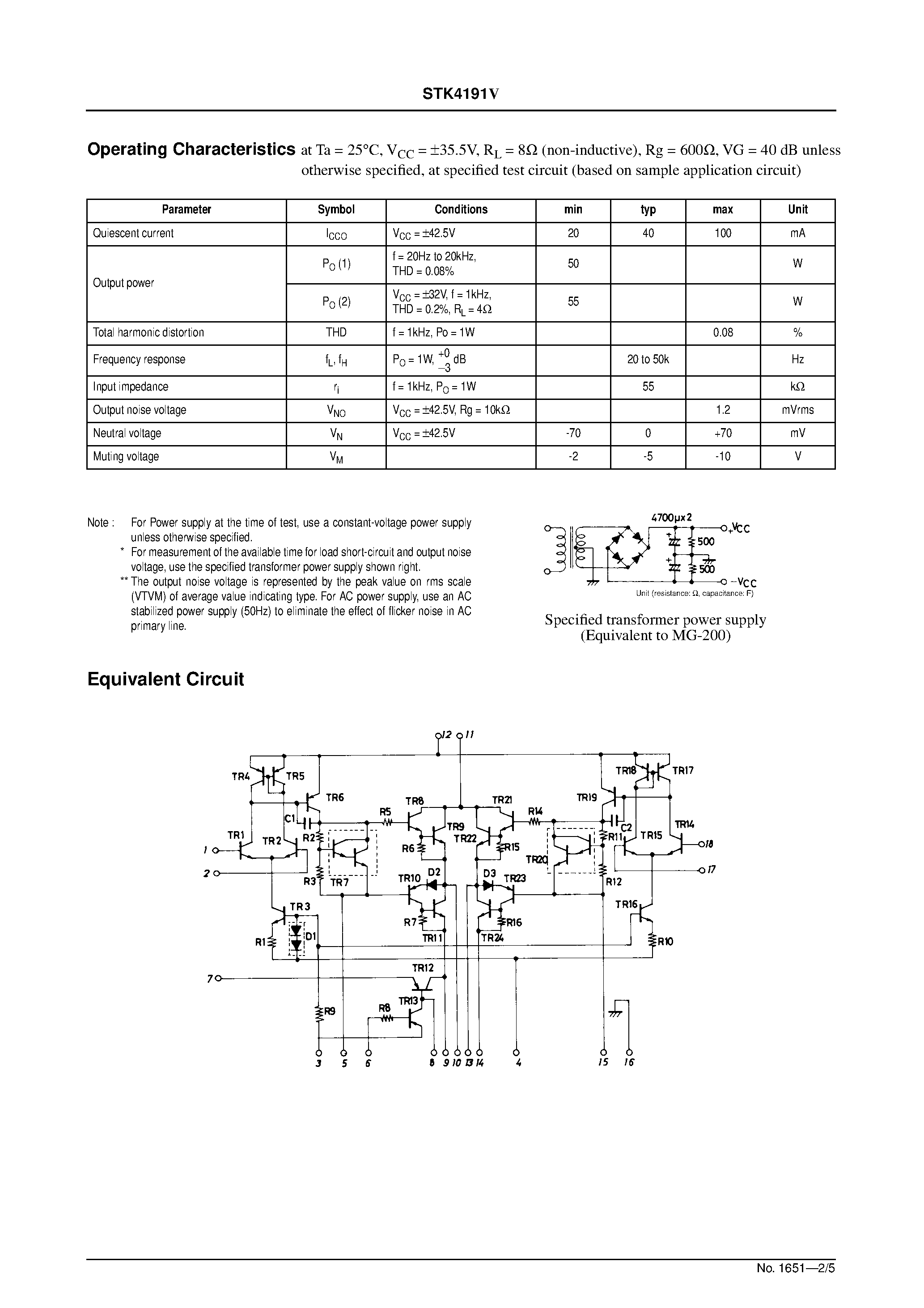 Даташит STK4191V - AF Power Amplifier (Split Power Supply) (50W + 50W min / THD = 0.08%) страница 2