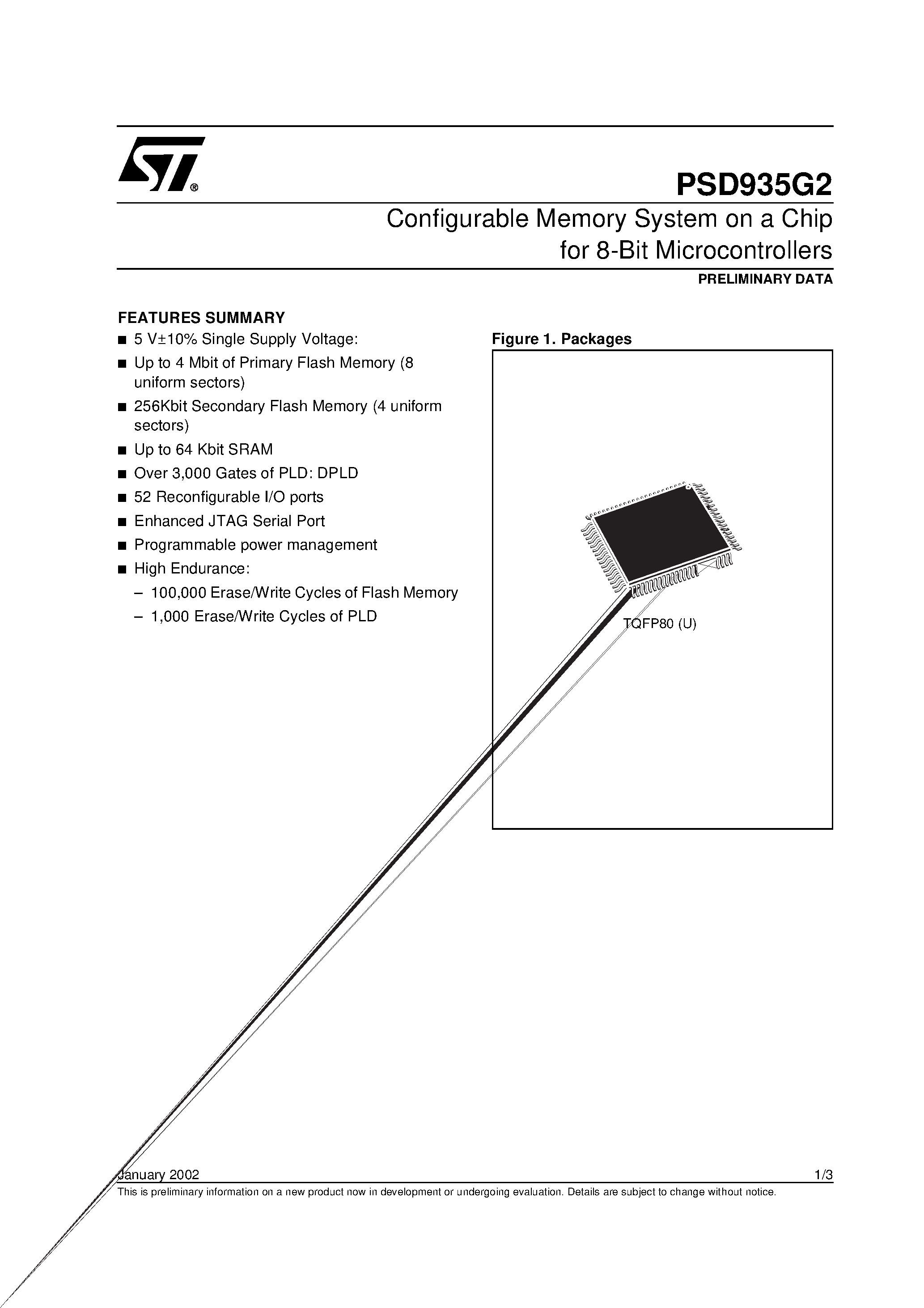 Datasheet PSD935G1V-70UI - Configurable Memory System on a Chip for 8-Bit Microcontrollers page 1