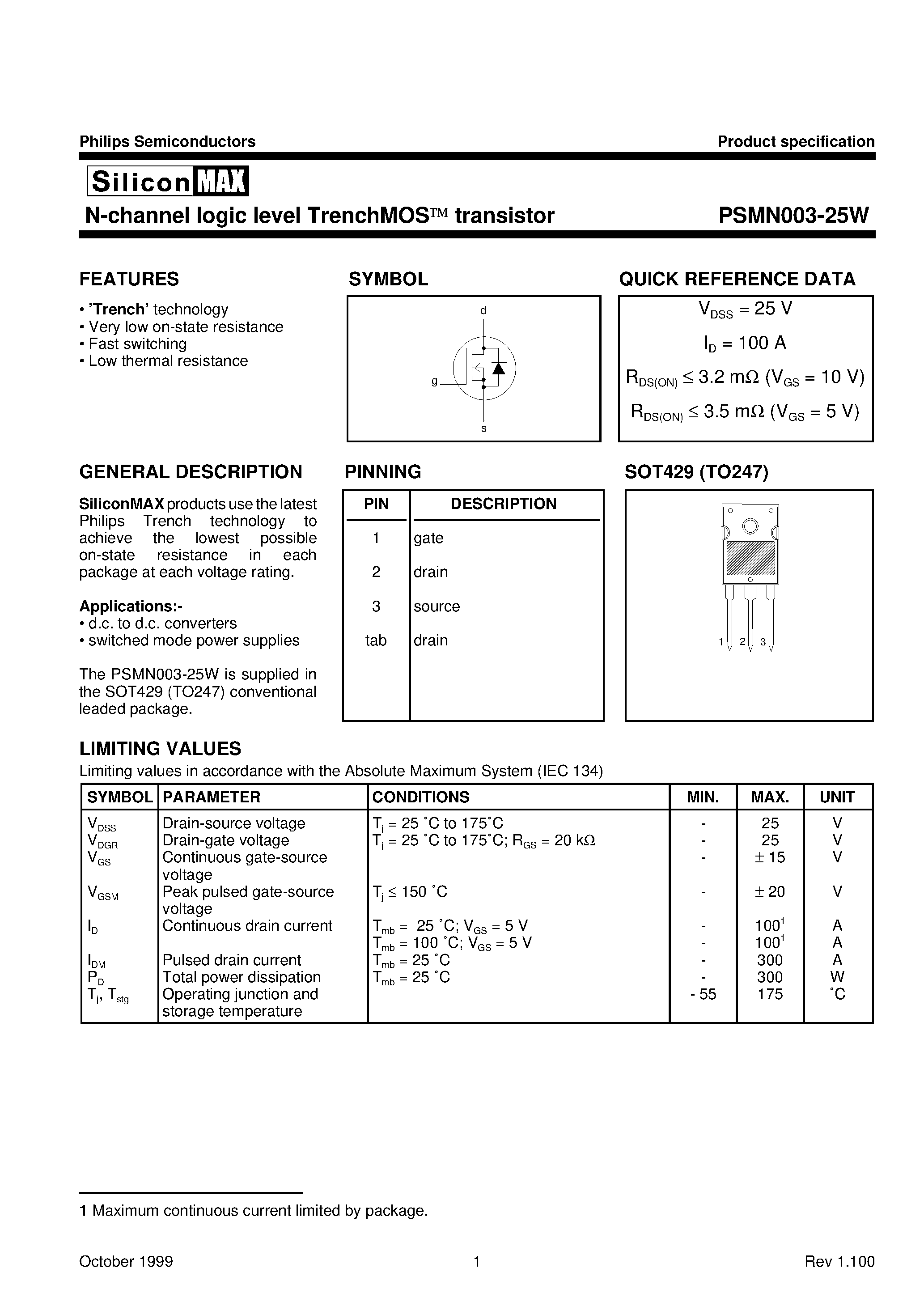 Datasheet PSMN003-25W - N-channel logic level TrenchMOS transistor page 1