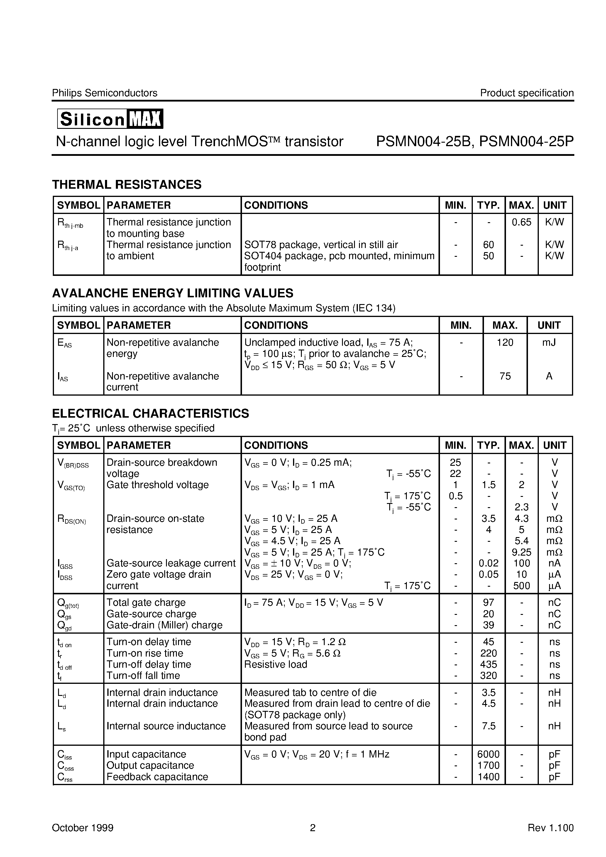 Datasheet PSMN004-25B - N-channel logic level TrenchMOS transistor page 2
