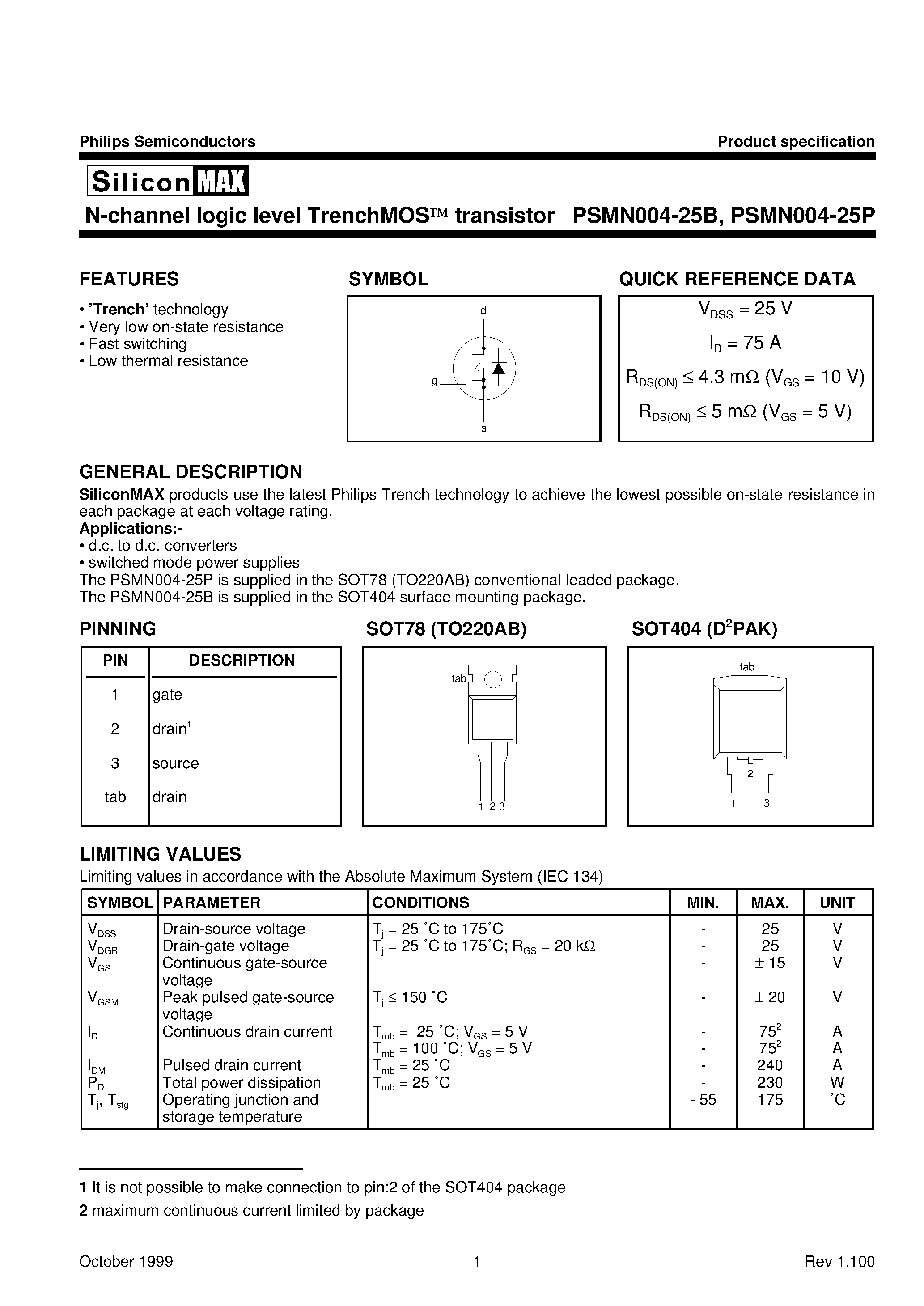 Datasheet PSMN004-25P - N-channel logic level TrenchMOS transistor page 1
