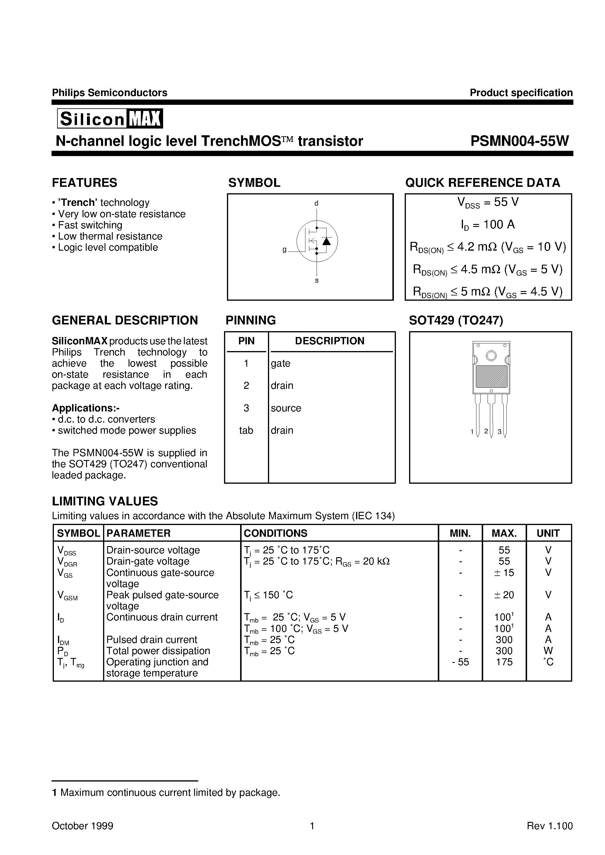 Datasheet PSMN004-55W - N-channel logic level TrenchMOS transistor page 1