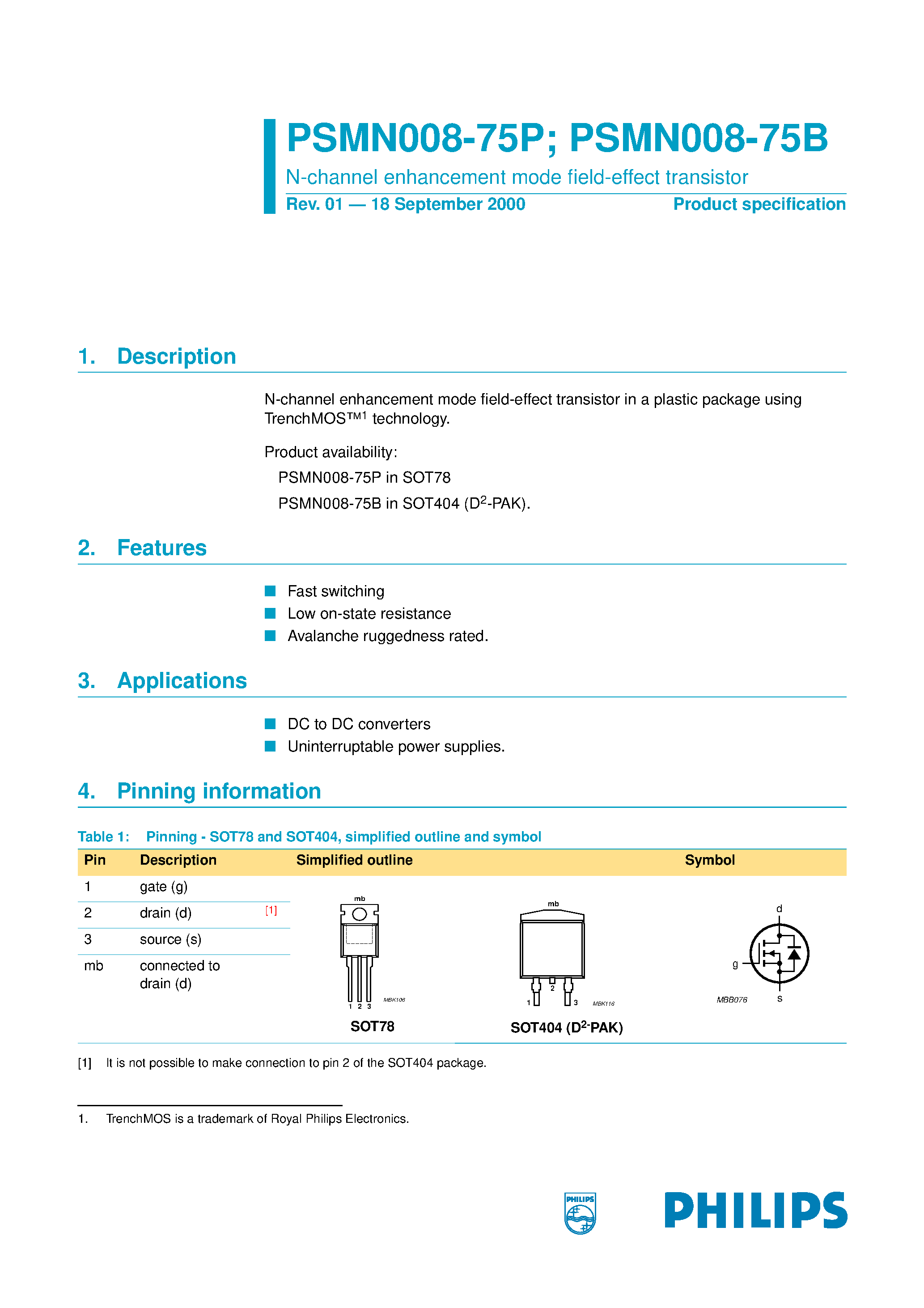 Datasheet PSMN008-75B page 1 Datasheet PSMN008-75B - N-channel enhancement mode field-effect transistor page 1