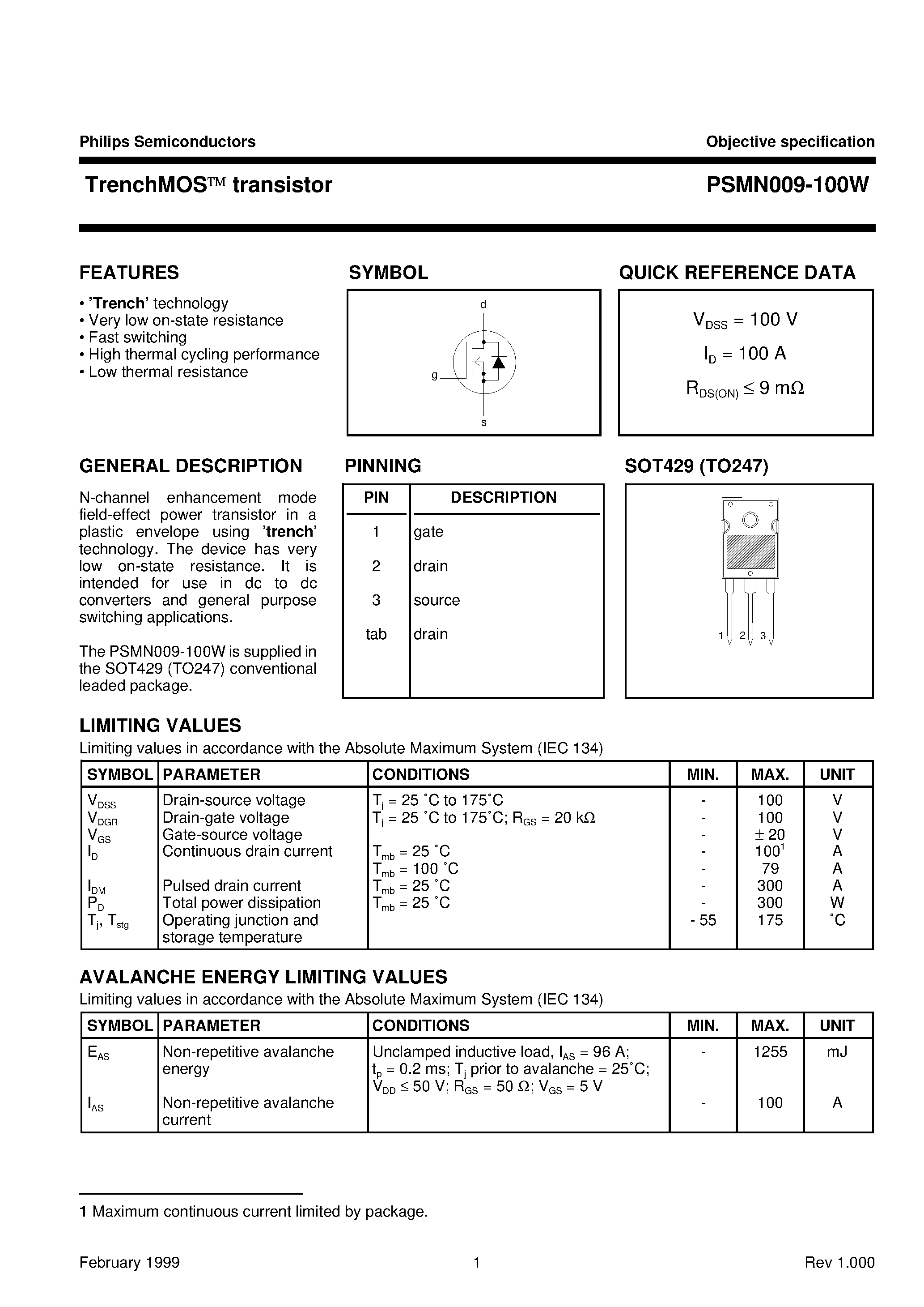 Datasheet PSMN009-100W - N-channel TrenchMOS transistor page 1