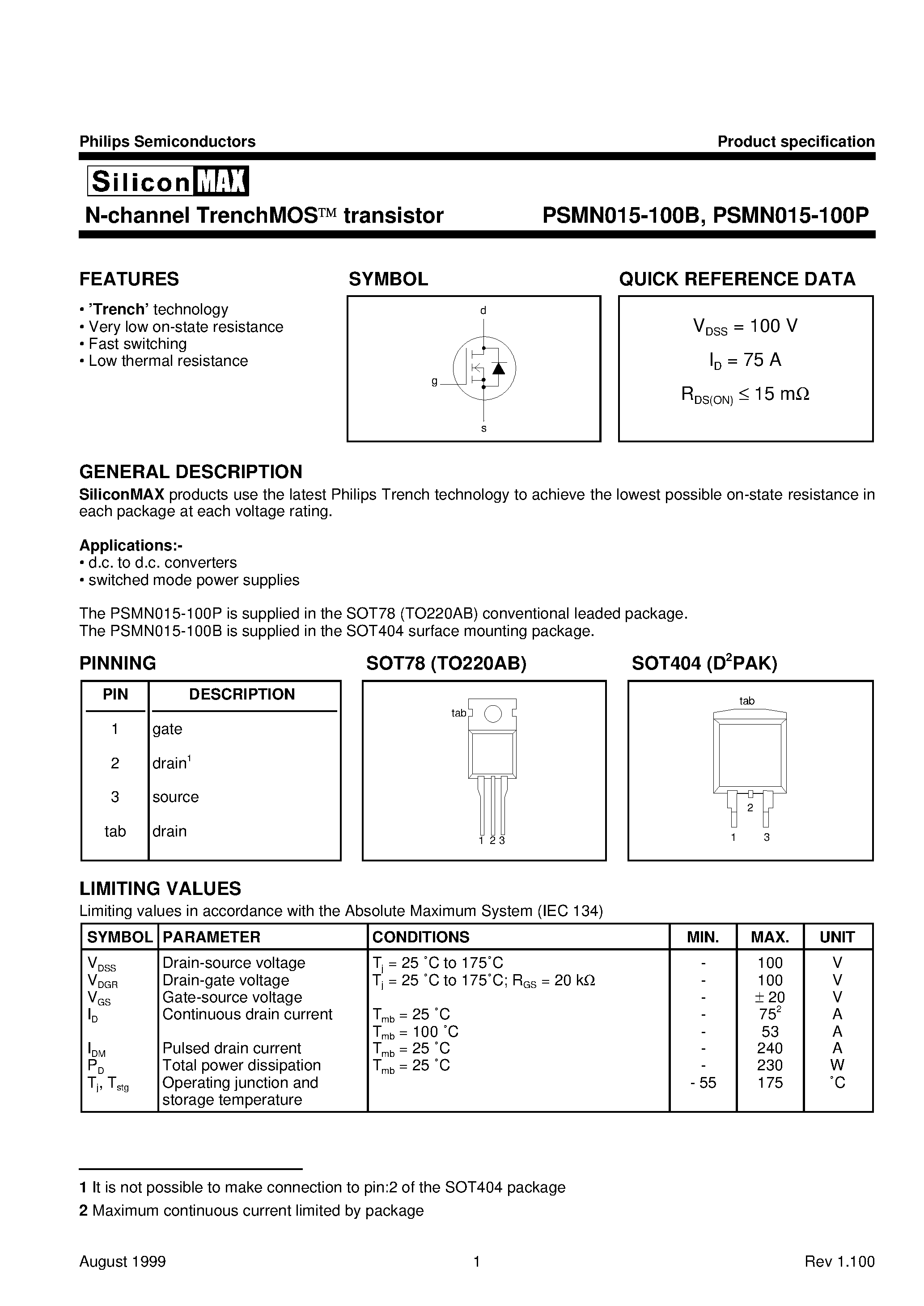 Datasheet PSMN015-100B - N-channel TrenchMOS transistor page 1