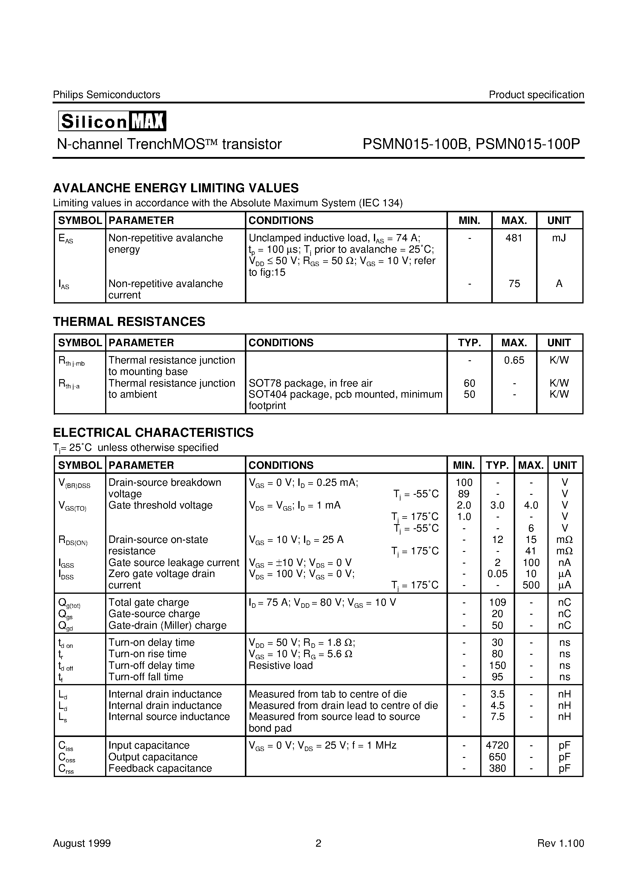 Datasheet PSMN015-100P - N-channel TrenchMOS transistor page 2