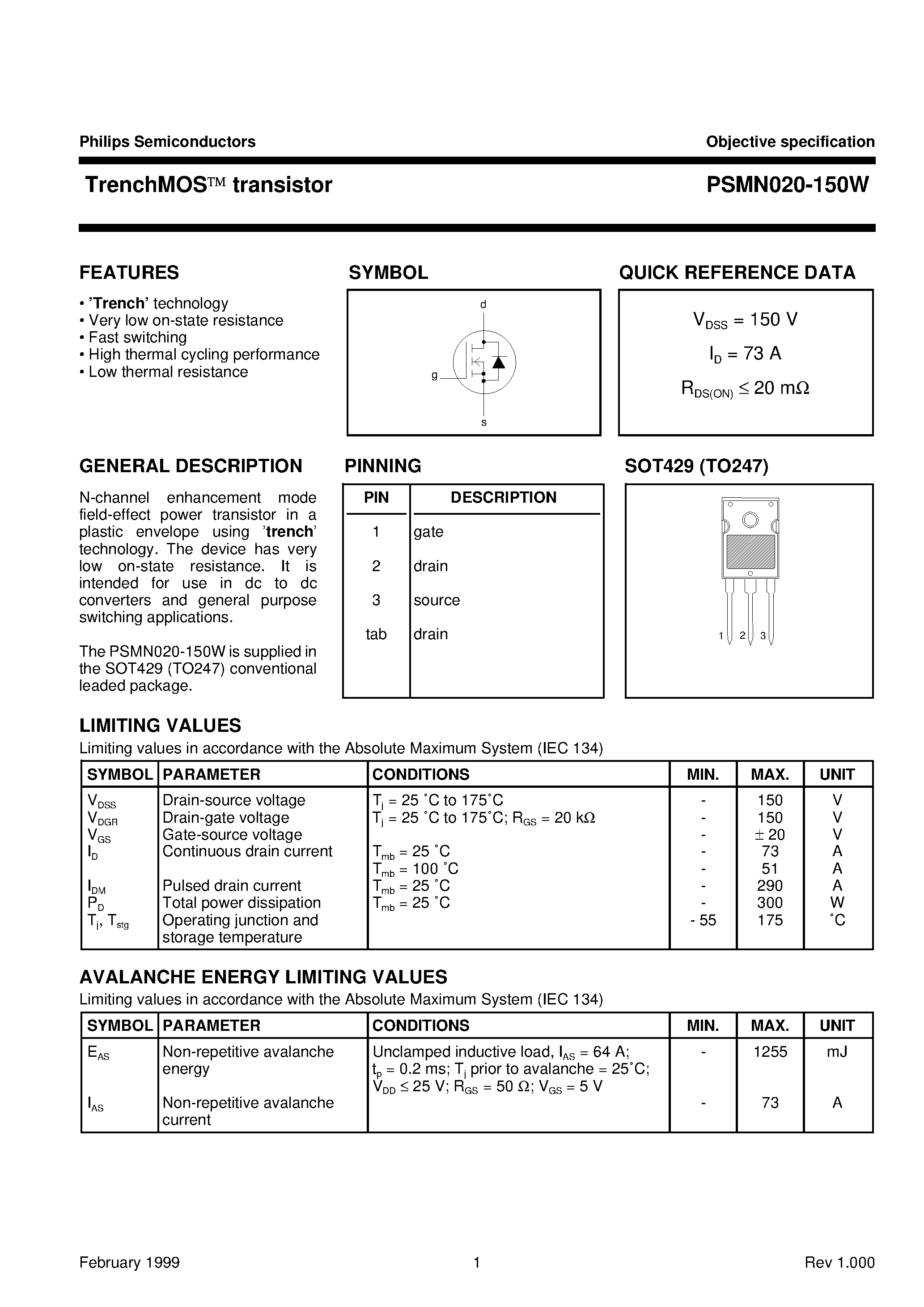 Datasheet PSMN020-150W - N-channel TrenchMOS transistor page 1