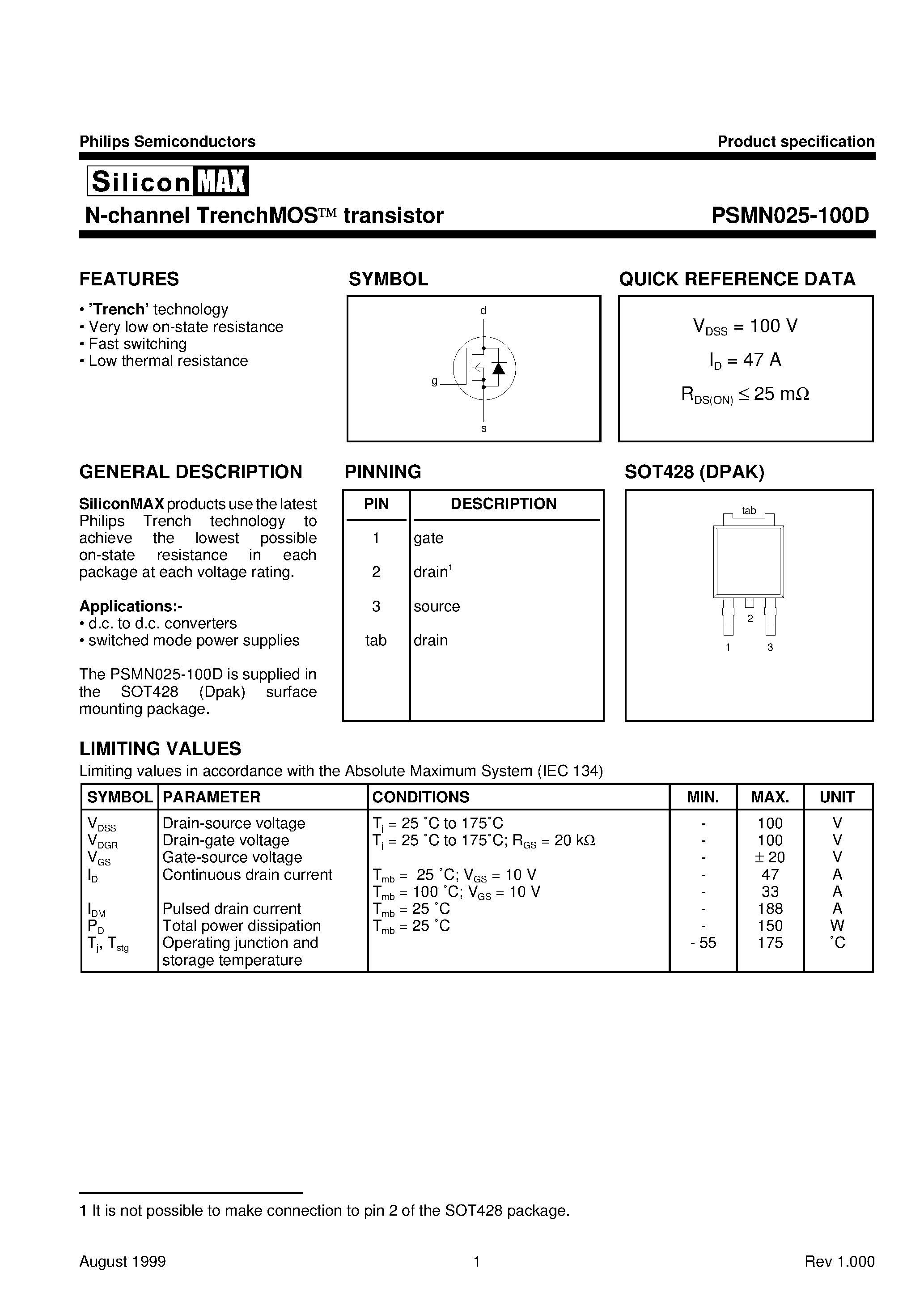 Datasheet PSMN025-100D - N-channel TrenchMOS transistor page 1