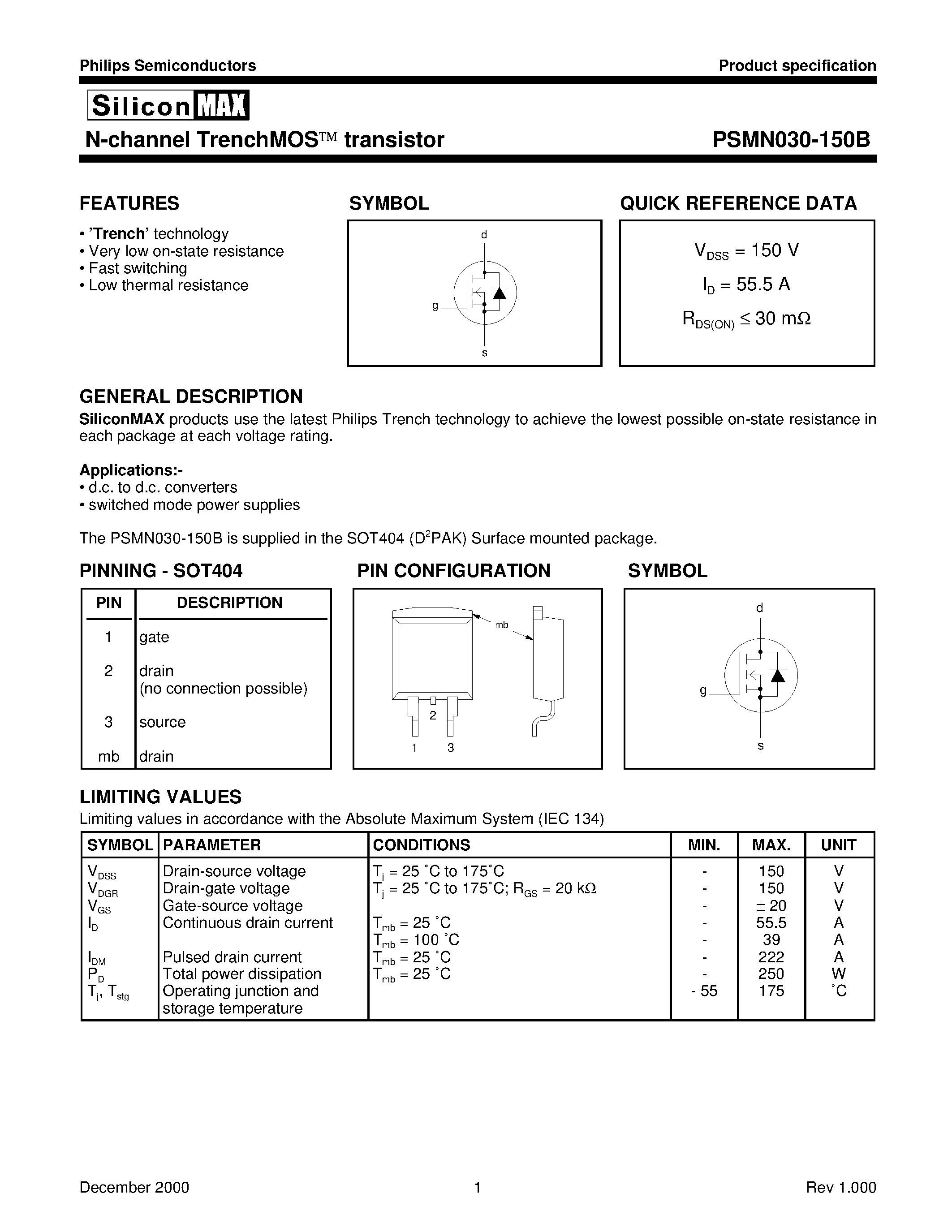 Datasheet PSMN030-150B - N-channel TrenchMOS transistor page 1