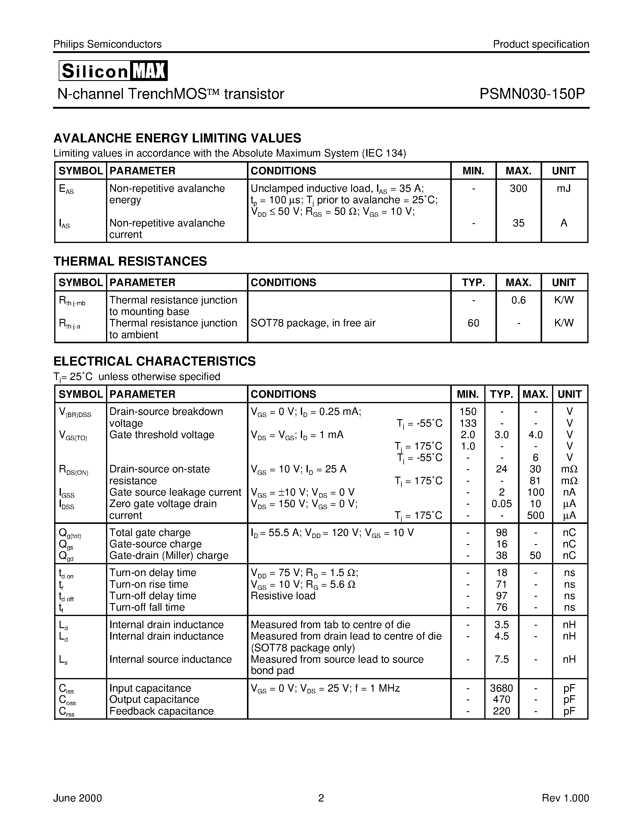 Datasheet PSMN030-150P - N-channel TrenchMOS transistor page 2