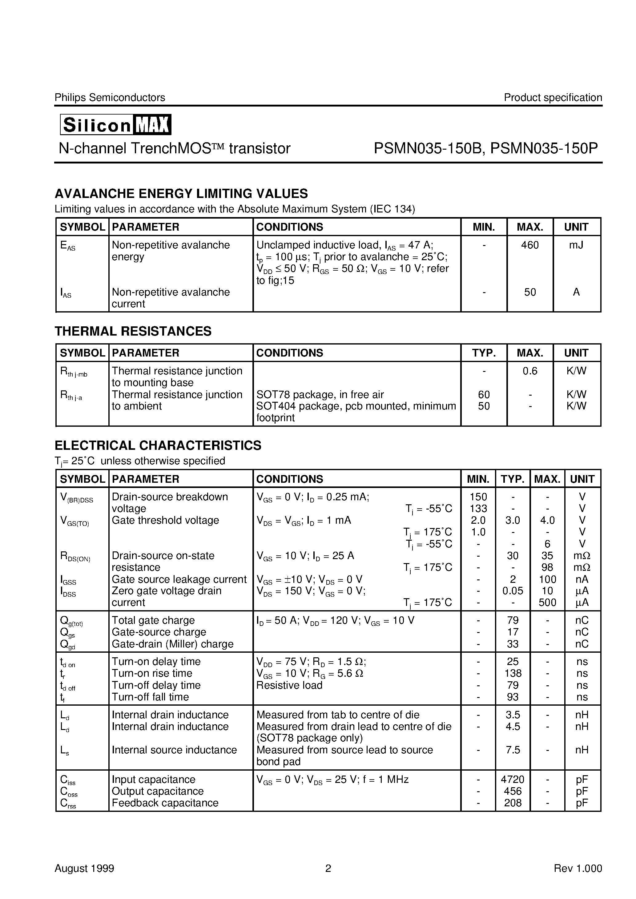 Datasheet PSMN035-150B - N-channel TrenchMOS transistor page 2