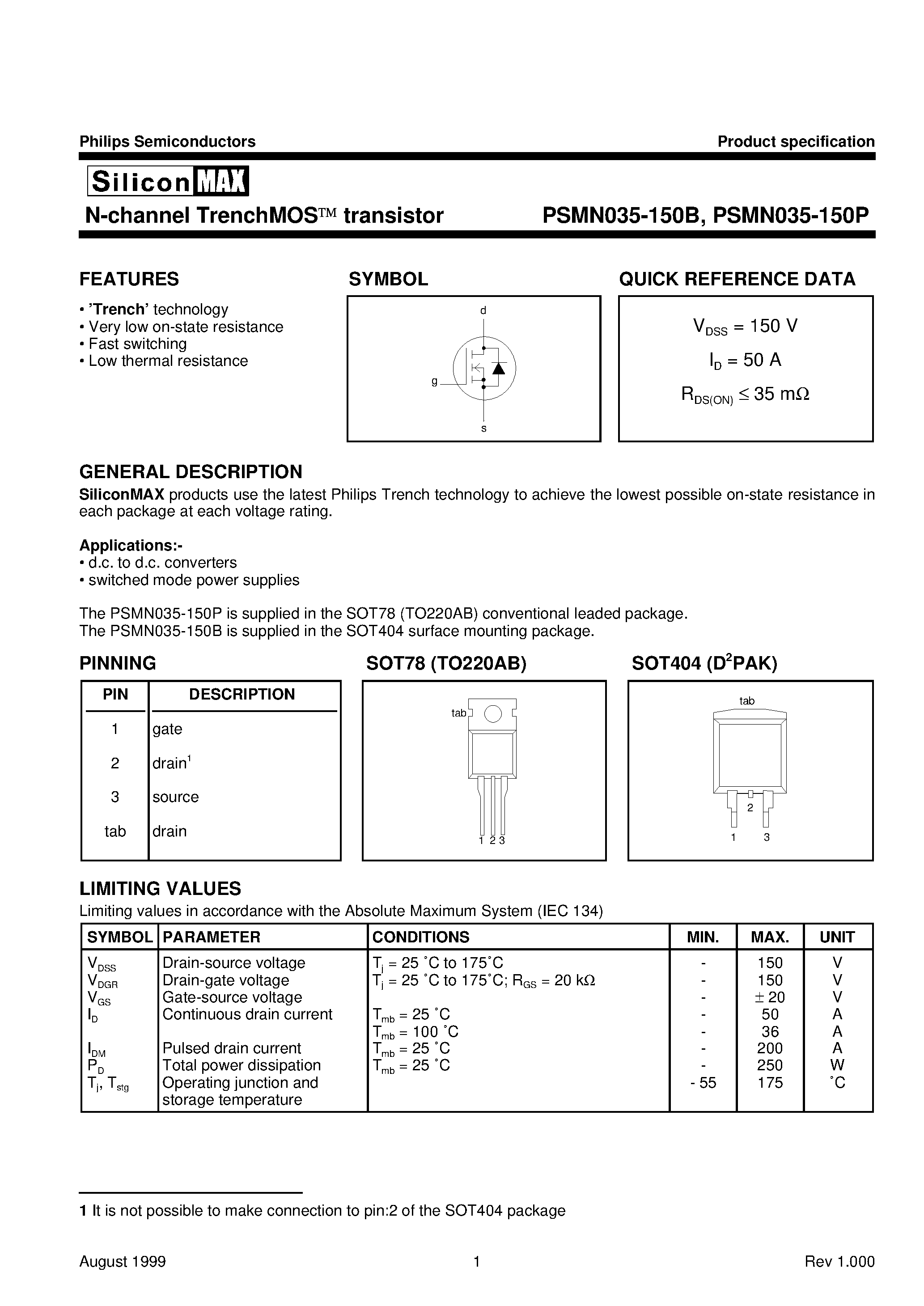 Datasheet PSMN035-150P - N-channel TrenchMOS transistor page 1