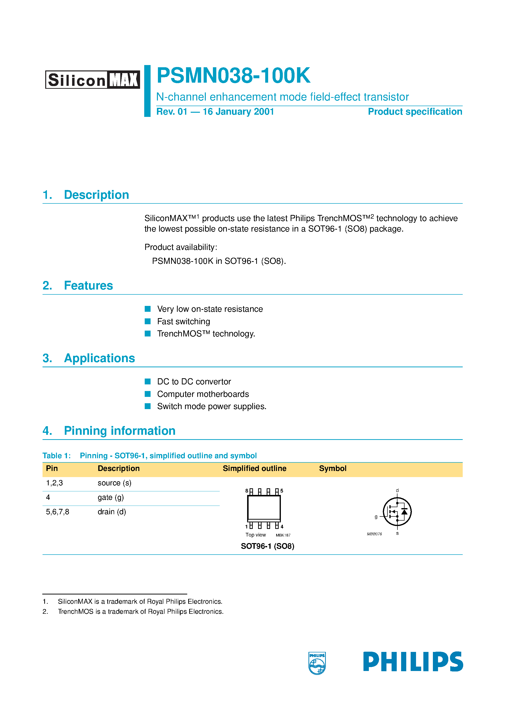 Datasheet PSMN038 - N-channel enhancement mode field-effect transistor page 1