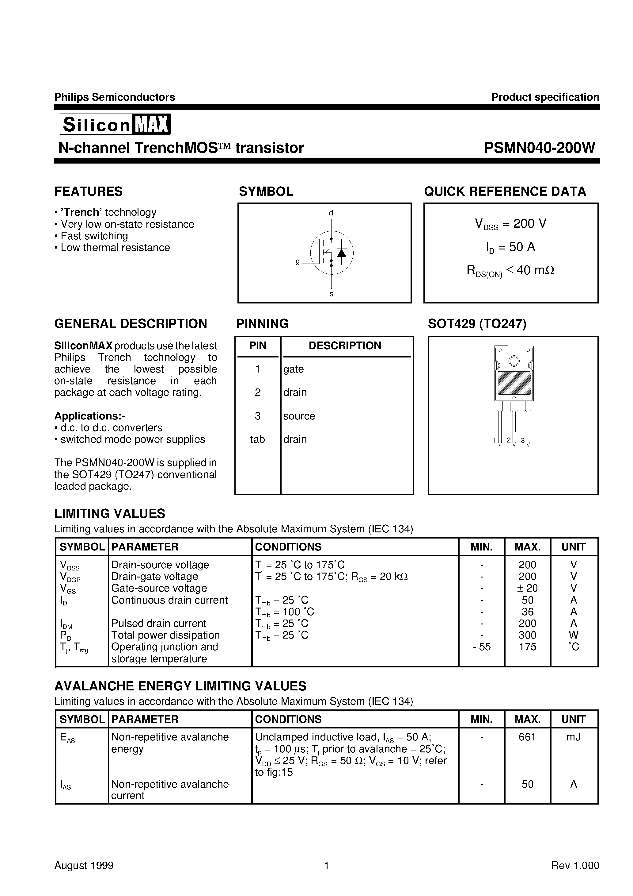 Datasheet PSMN040-200W - N-channel TrenchMOS transistor page 1