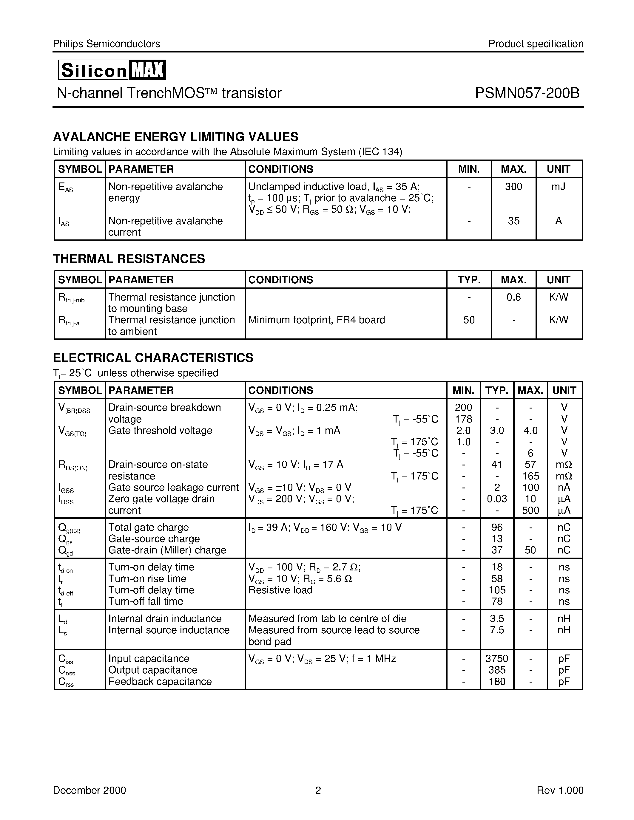 Datasheet PSMN057-200B - N-channel TrenchMOS transistor page 2