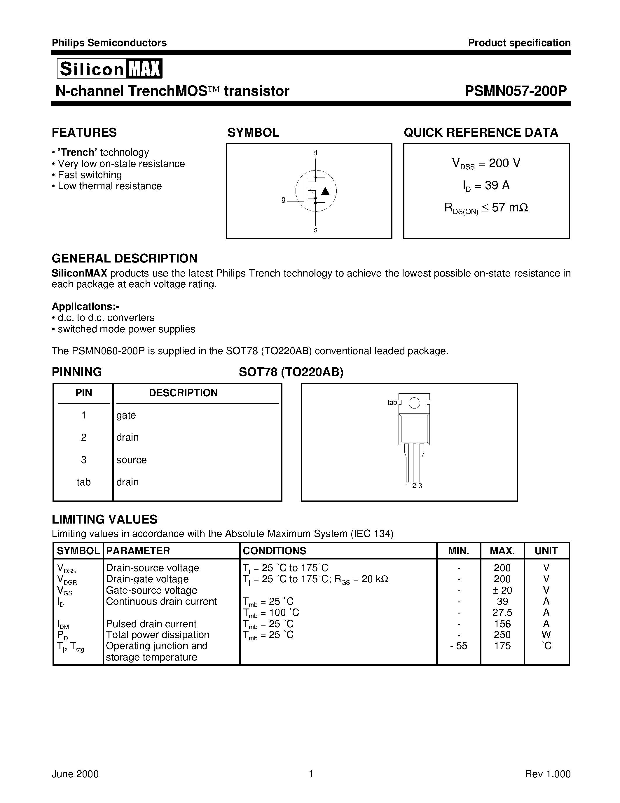 Datasheet PSMN057-200P - N-channel TrenchMOS transistor page 1